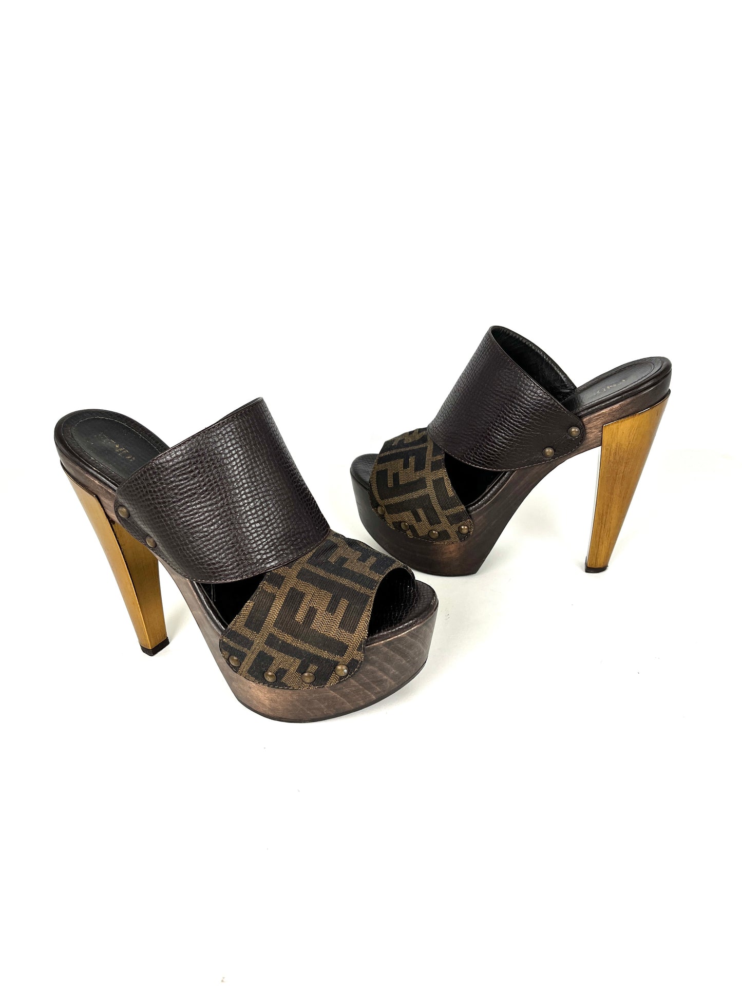 Fendi Zucca Platform High Heel Brown Slide Sandals 38 7.5