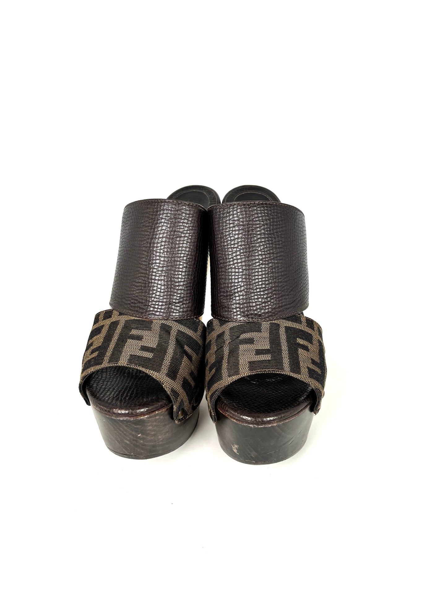 Fendi Zucca Platform High Heel Brown Slide Sandals 38 7.5