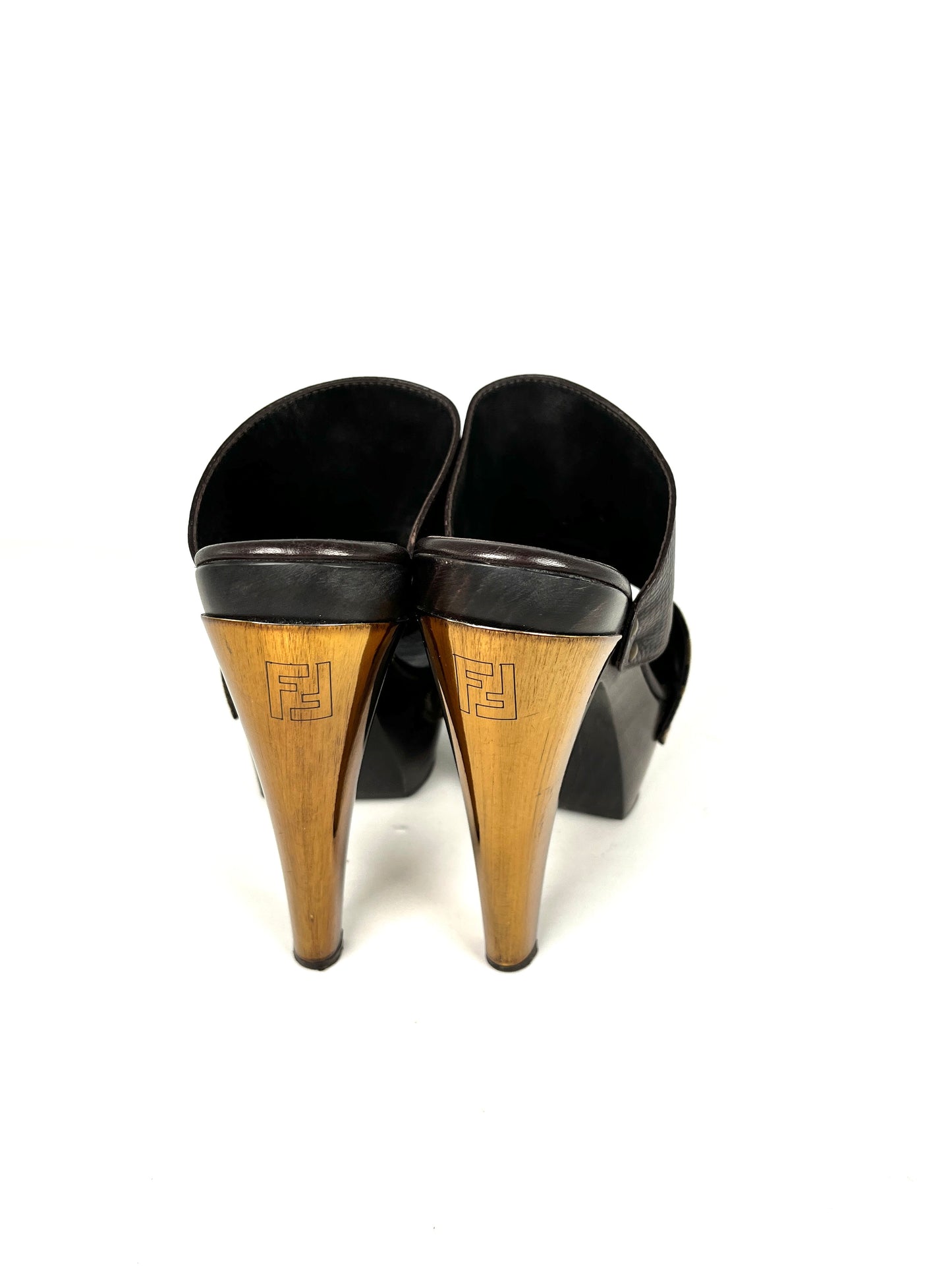 Fendi Zucca Platform High Heel Brown Slide Sandals 38 7.5