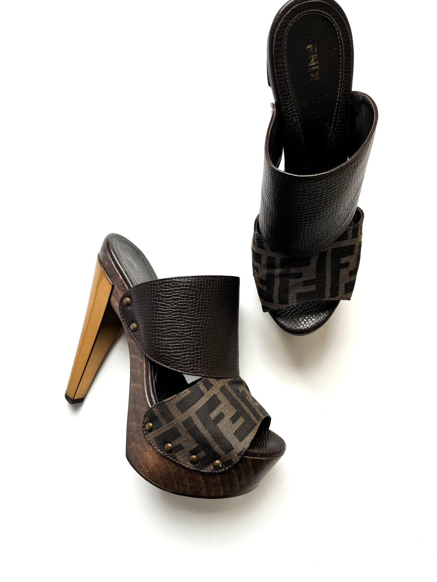 Fendi Zucca Platform High Heel Brown Slide Sandals 38 7.5