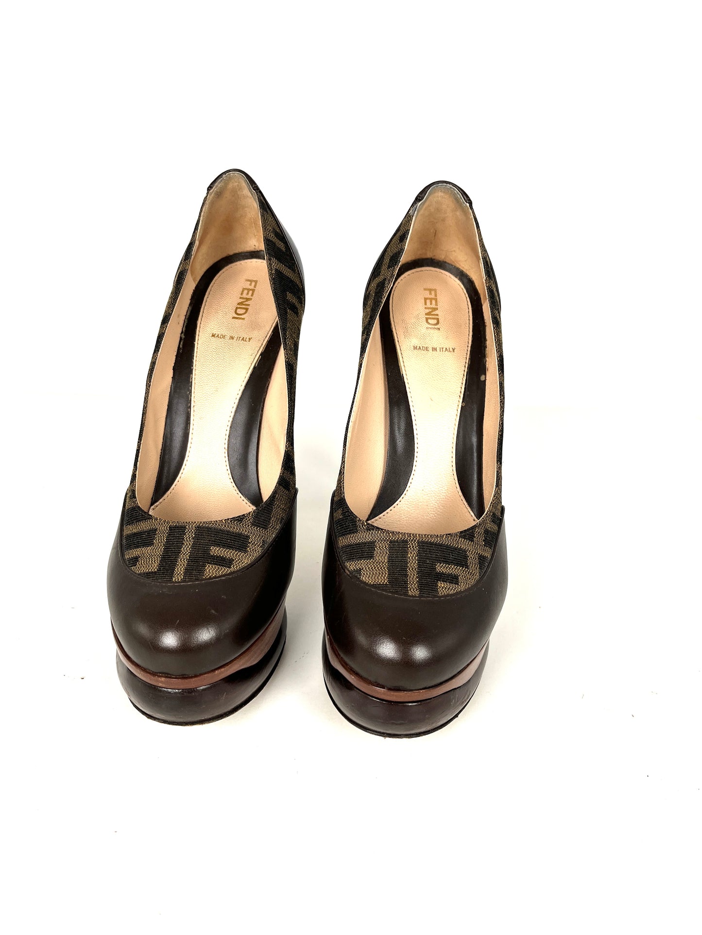 Fendi Zucca Platform High Heel Brown Round Toe Pumps 39 9