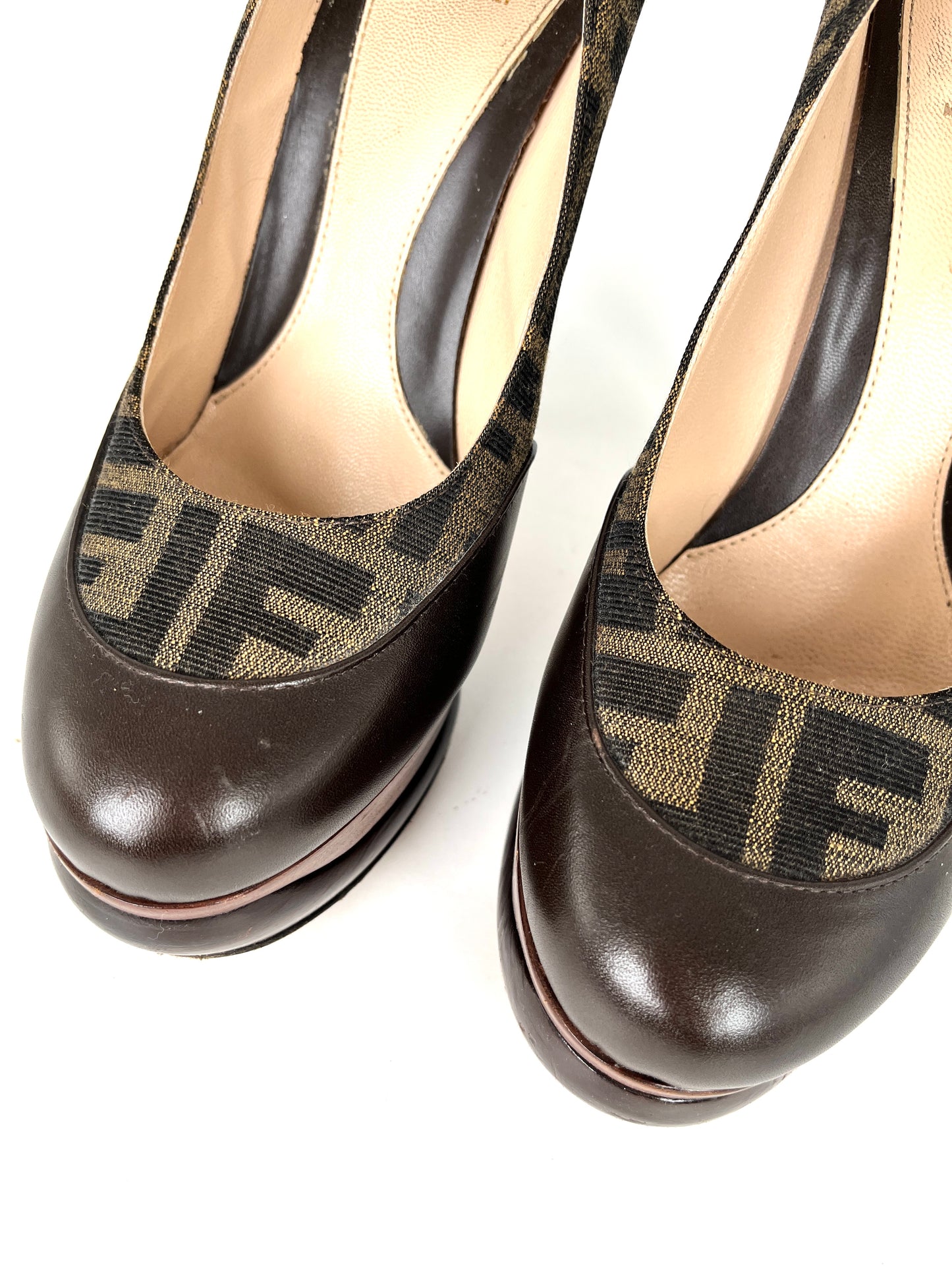 Fendi Zucca Platform High Heel Brown Round Toe Pumps 39 9