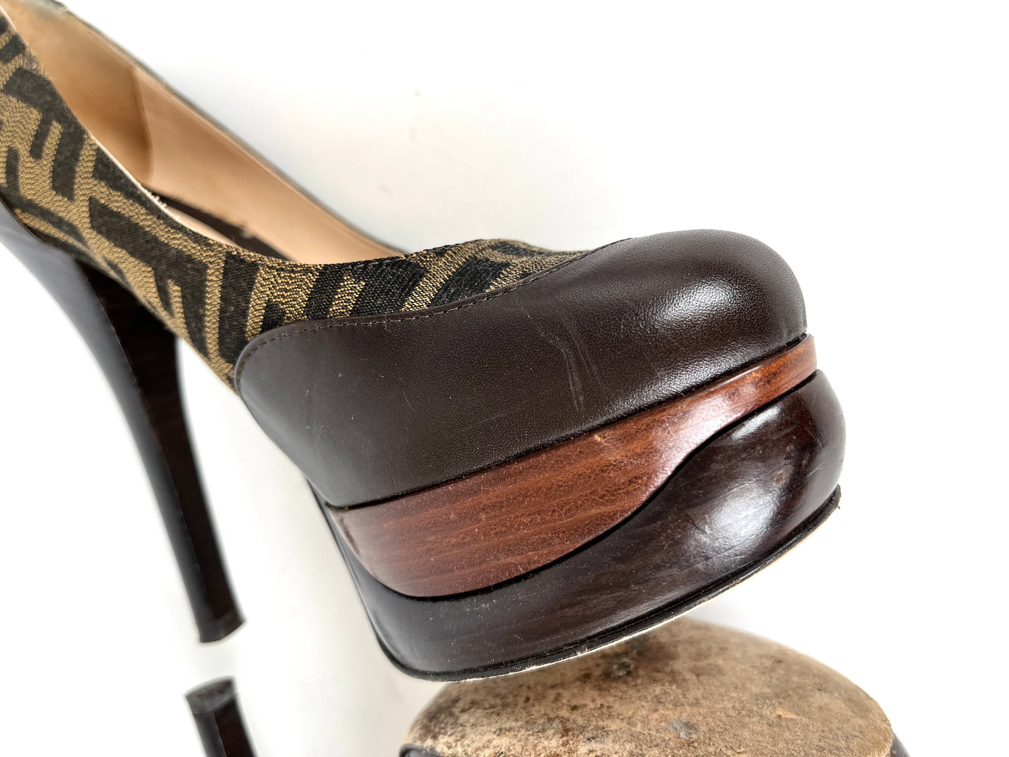 Fendi Zucca Platform High Heel Brown Round Toe Pumps 39 9