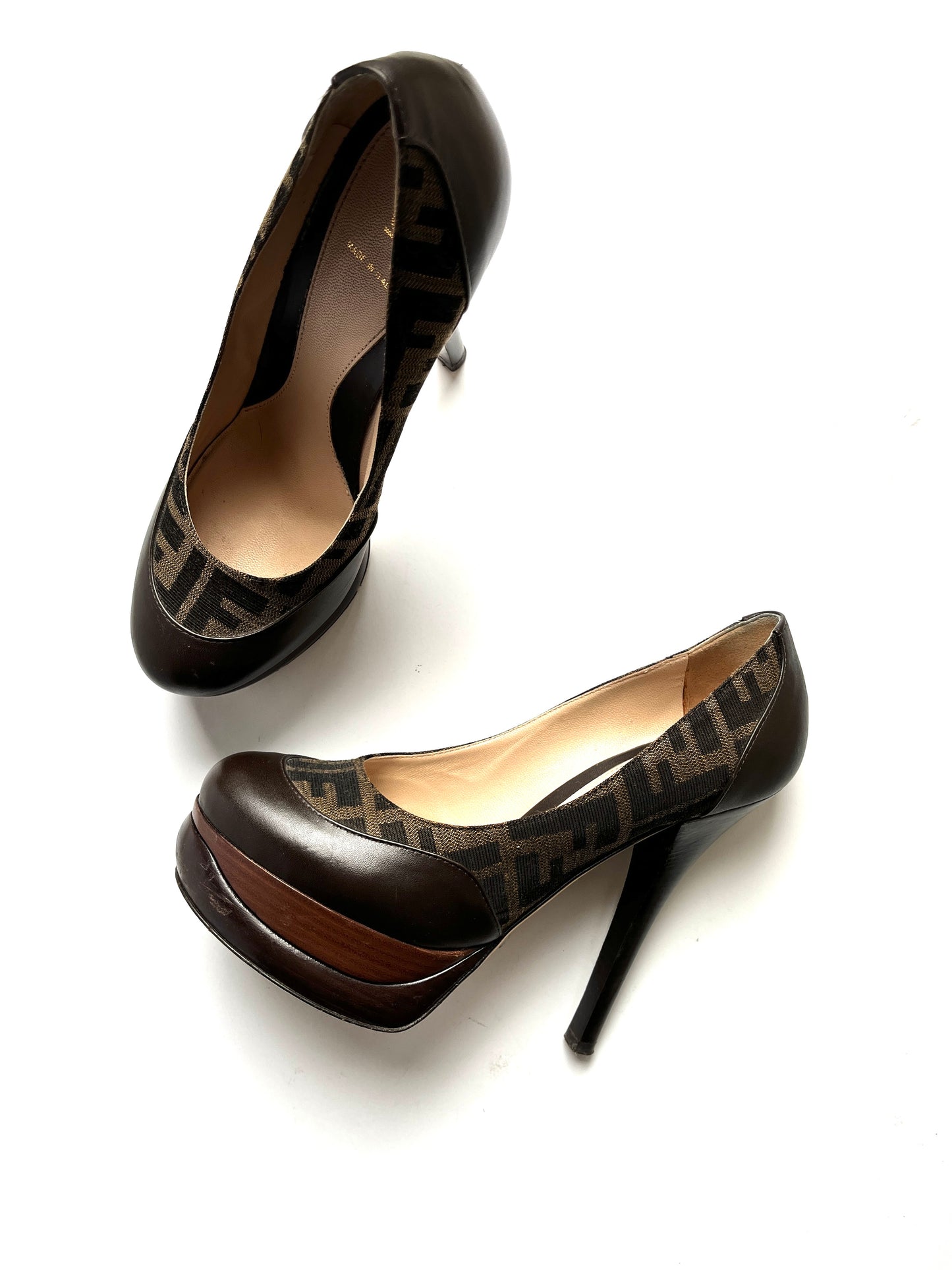 Fendi Zucca Platform High Heel Brown Round Toe Pumps 39 9