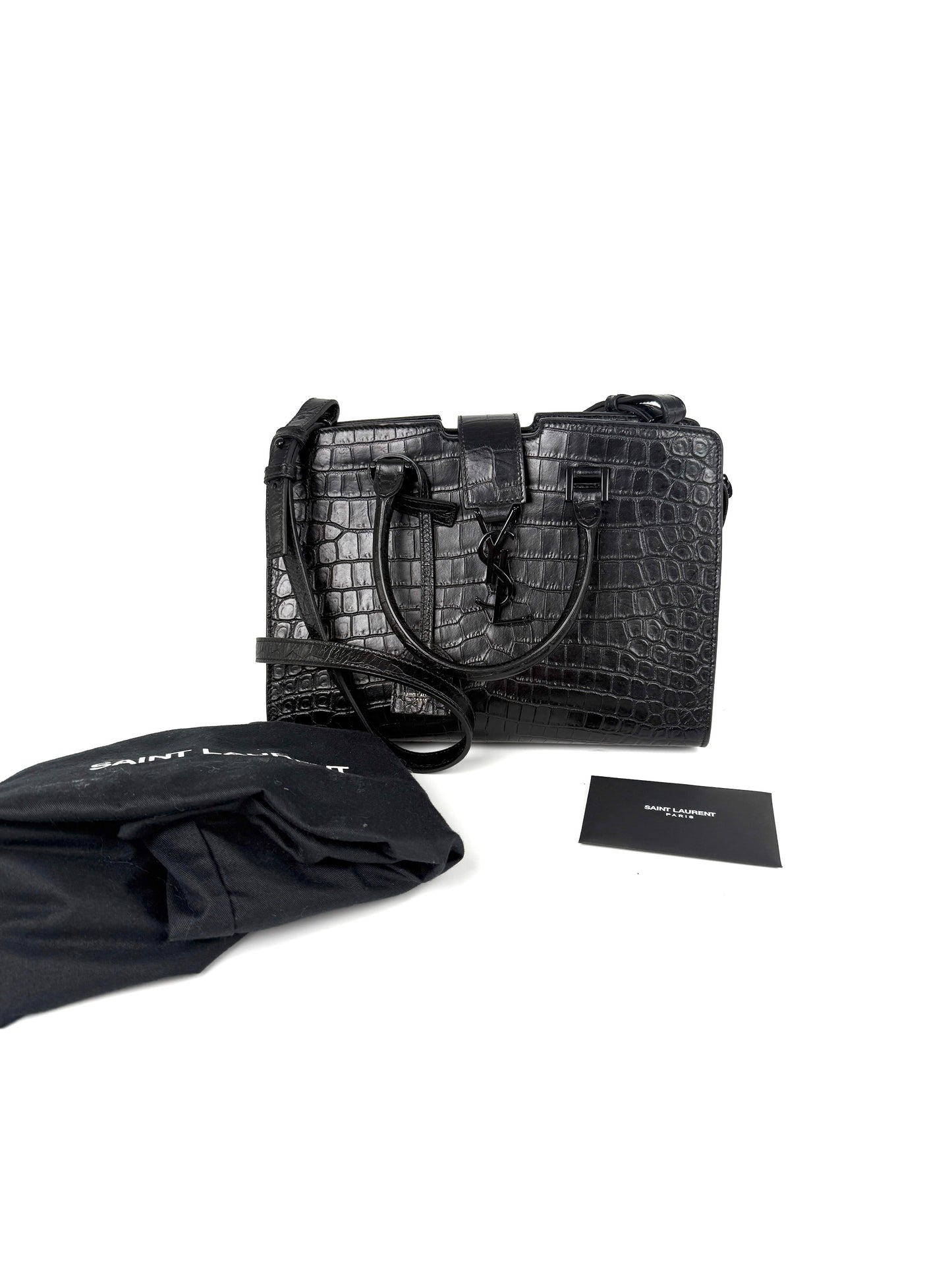 Saint Laurent YSL Croc Embossed So Black Cabas Leather Crossbody Top Handle Bag