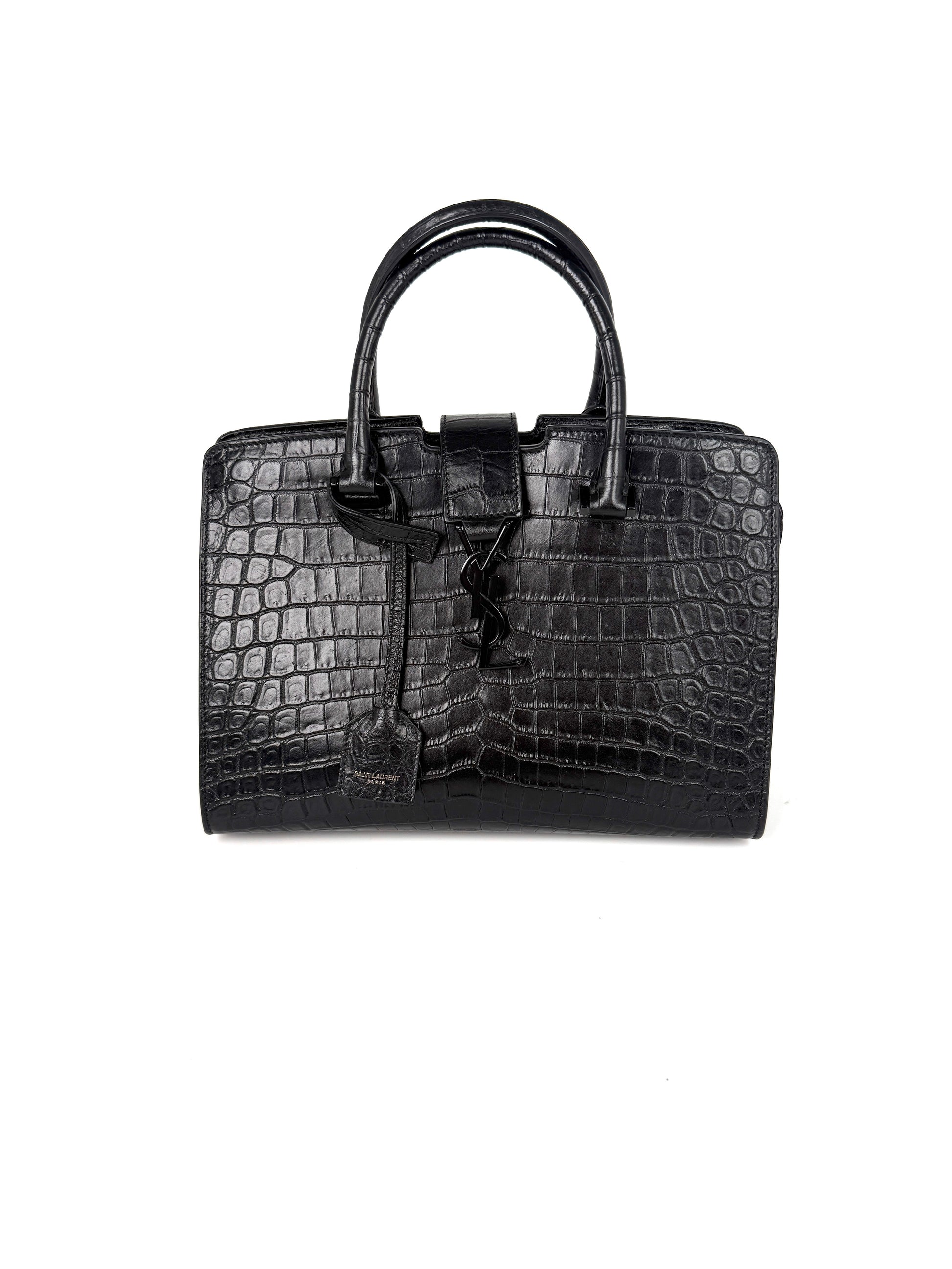 Saint Laurent YSL Croc Embossed So Black Cabas Leather Crossbody Top Handle Bag