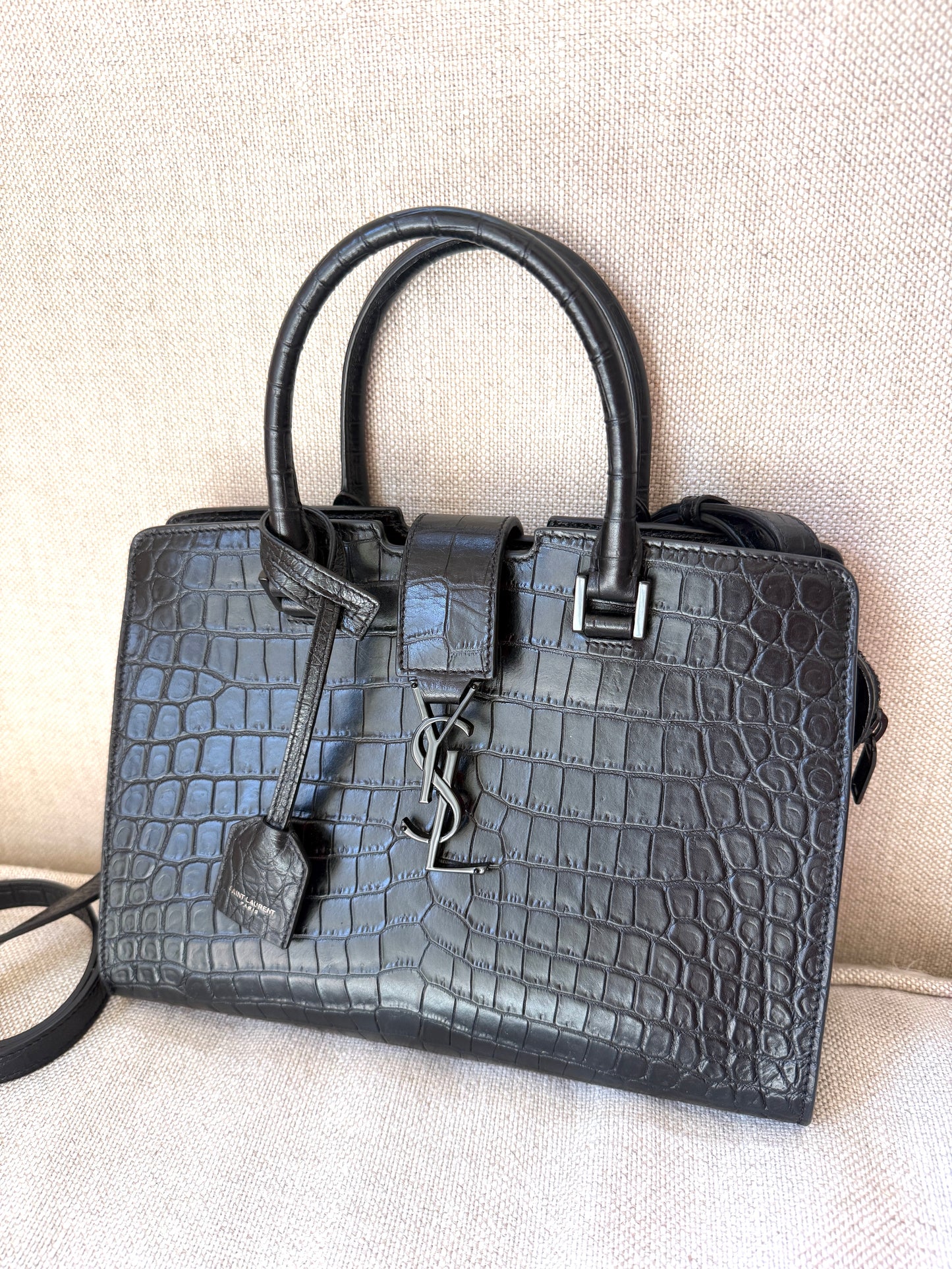 Saint Laurent YSL Croc Embossed So Black Cabas Leather Crossbody Top Handle Bag