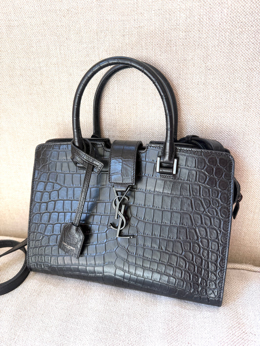 Saint Laurent YSL Croc Embossed So Black Cabas Leather Crossbody Top Handle Bag