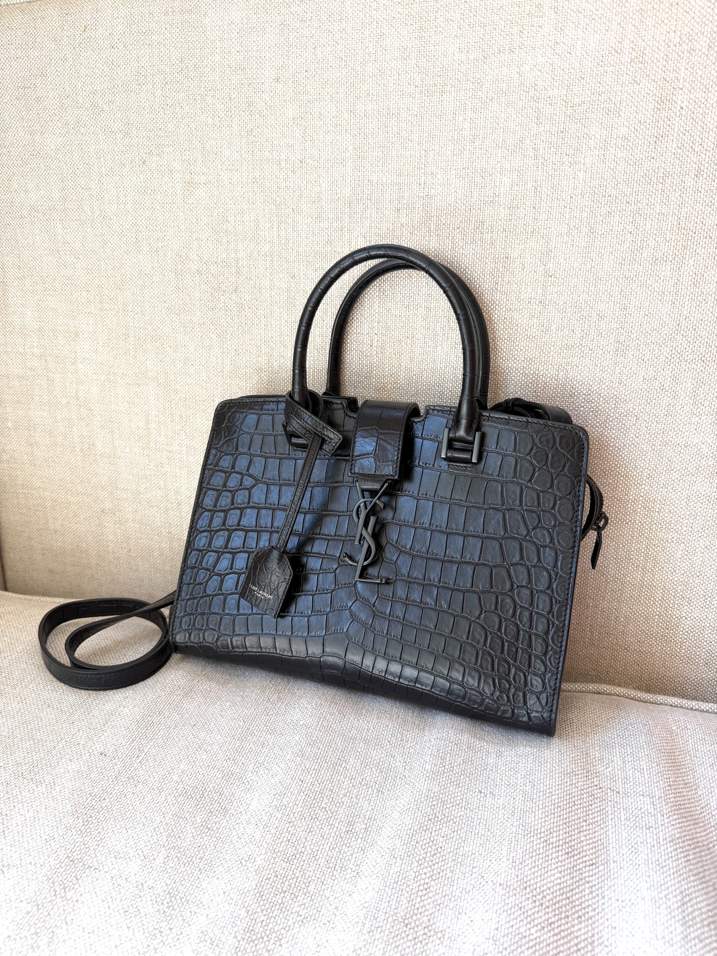 Saint Laurent YSL Croc Embossed So Black Cabas Leather Crossbody Top Handle Bag