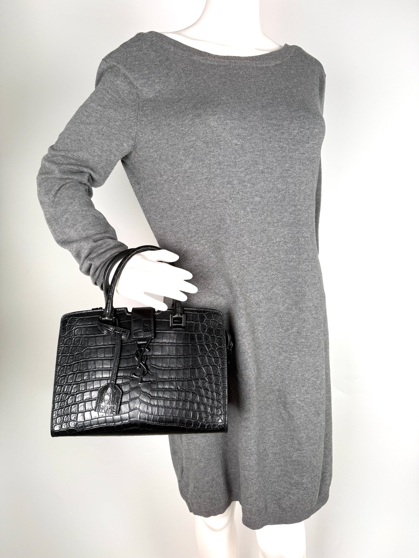 Saint Laurent YSL Croc Embossed So Black Cabas Leather Crossbody Top Handle Bag