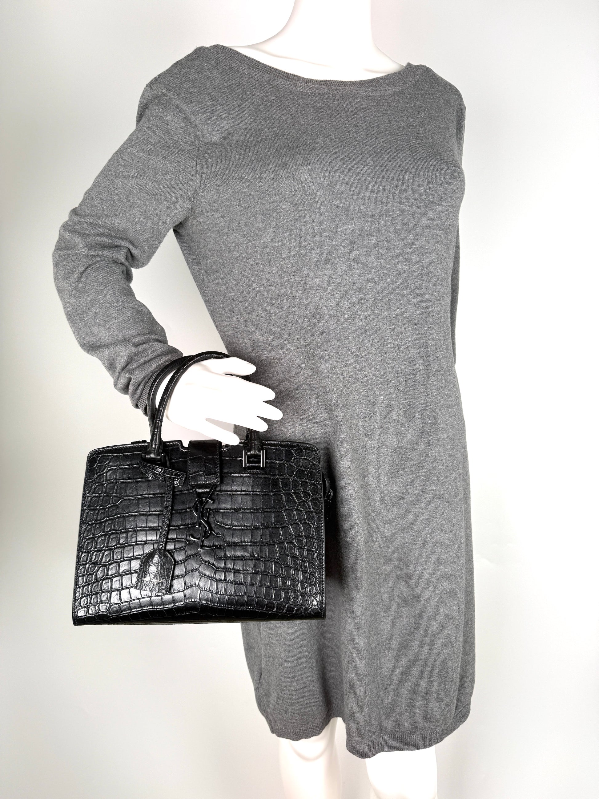 Saint Laurent YSL Croc Embossed So Black Cabas Leather Crossbody Top Handle Bag