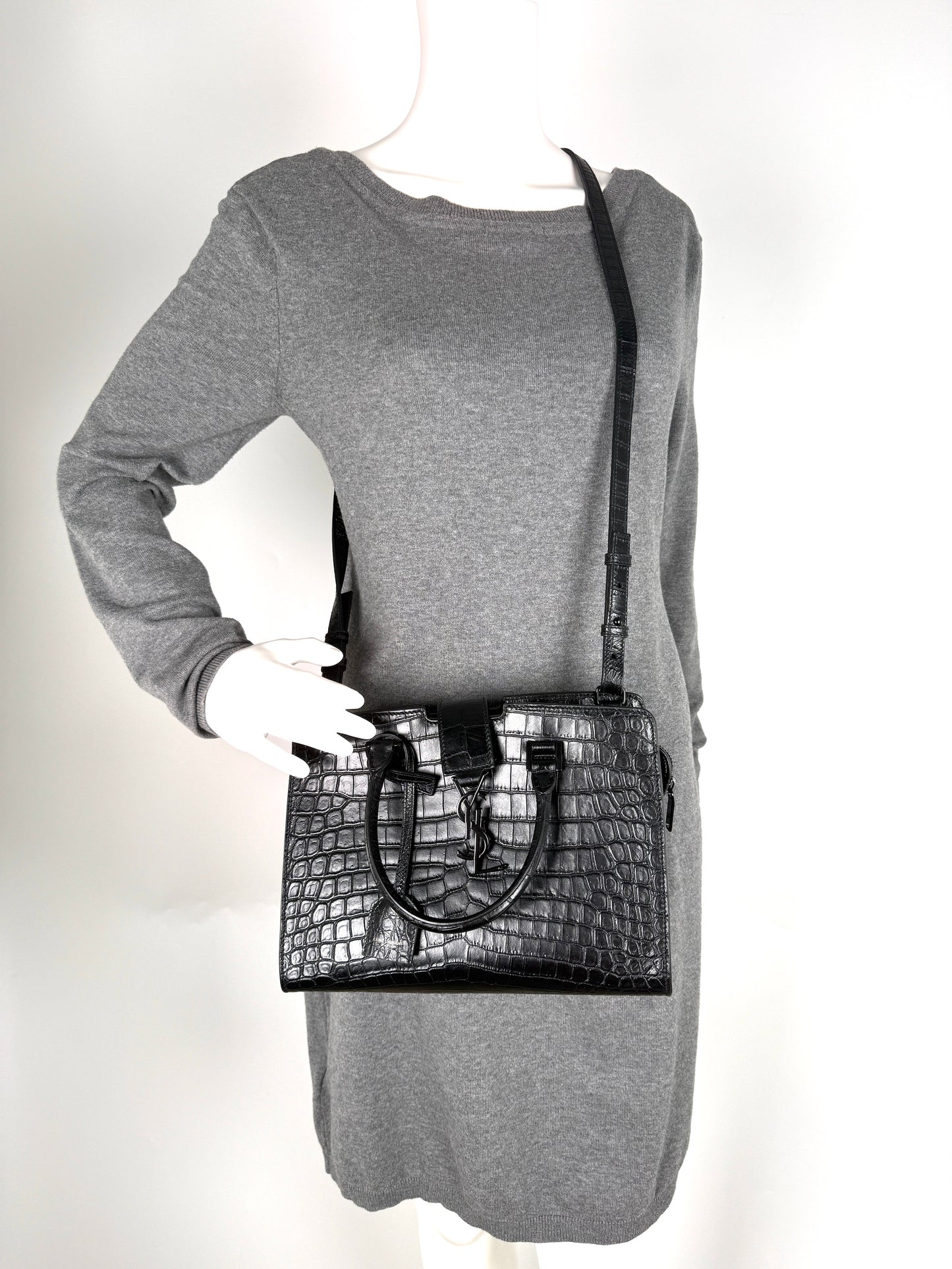 Saint Laurent YSL Croc Embossed So Black Cabas Leather Crossbody Top Handle Bag
