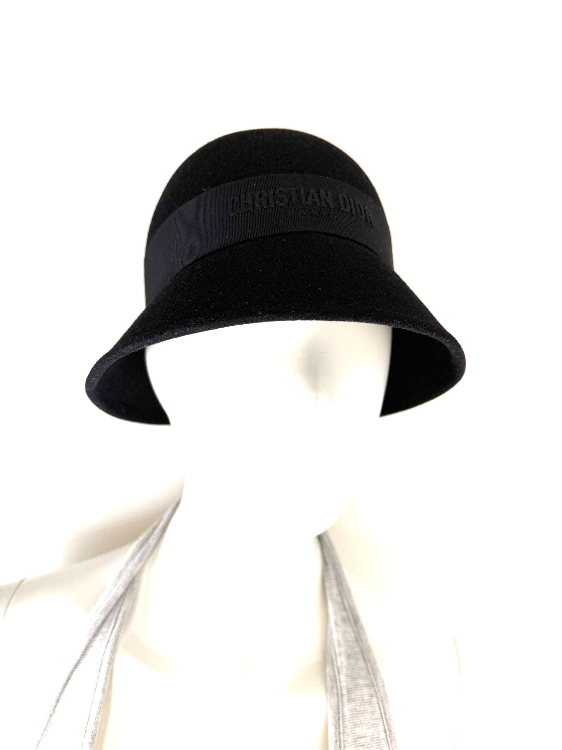 Christian Dior D-Tulipe Small Brim Cloche Black Rabbit Felt Hat 57 New
