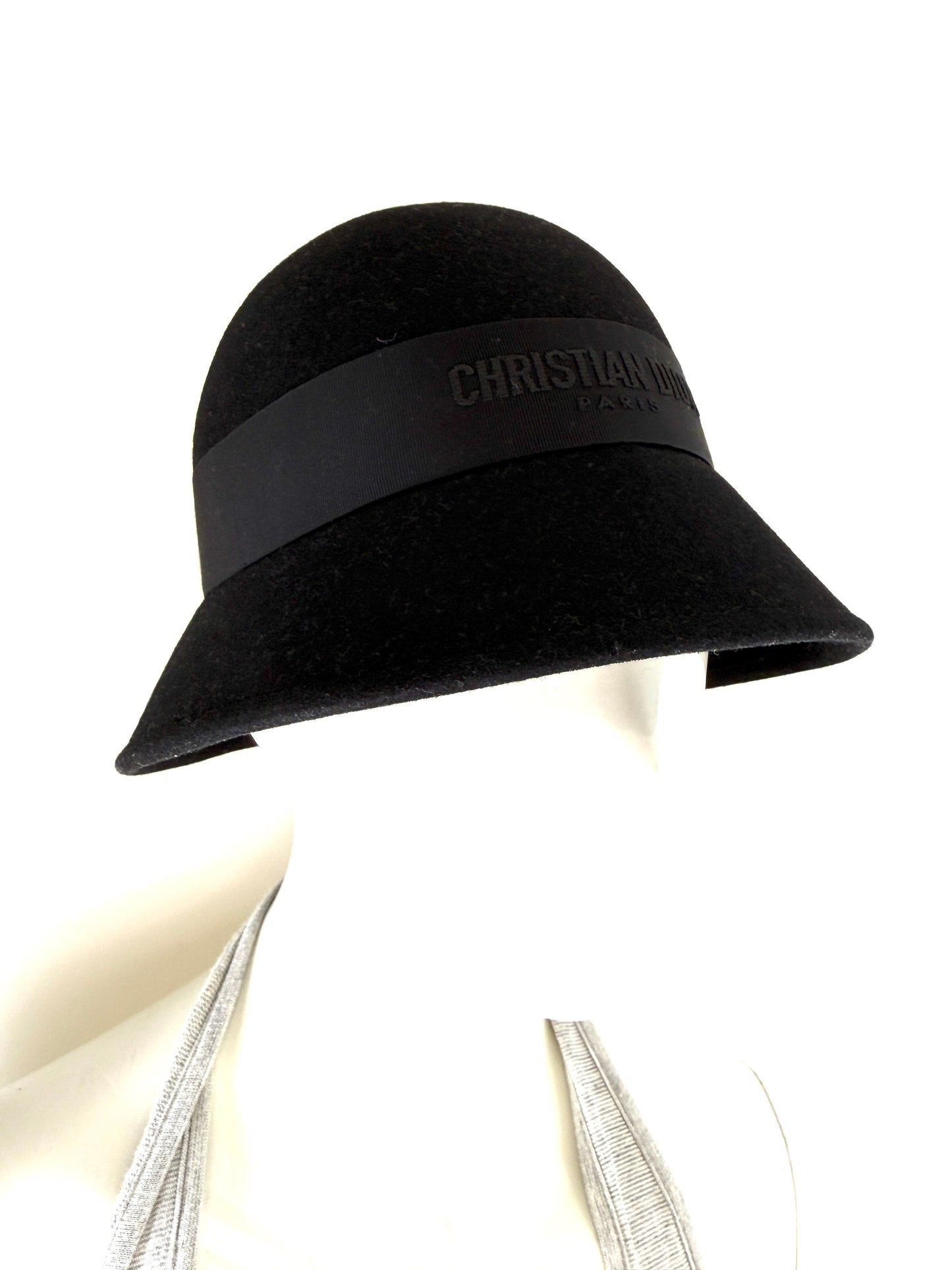 Christian Dior D-Tulipe Small Brim Cloche Black Rabbit Felt Hat 57 New