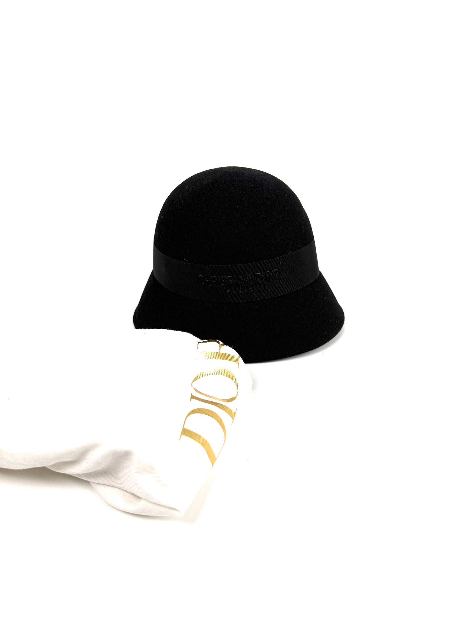 Christian Dior D-Tulipe Small Brim Cloche Black Rabbit Felt Hat 57 New
