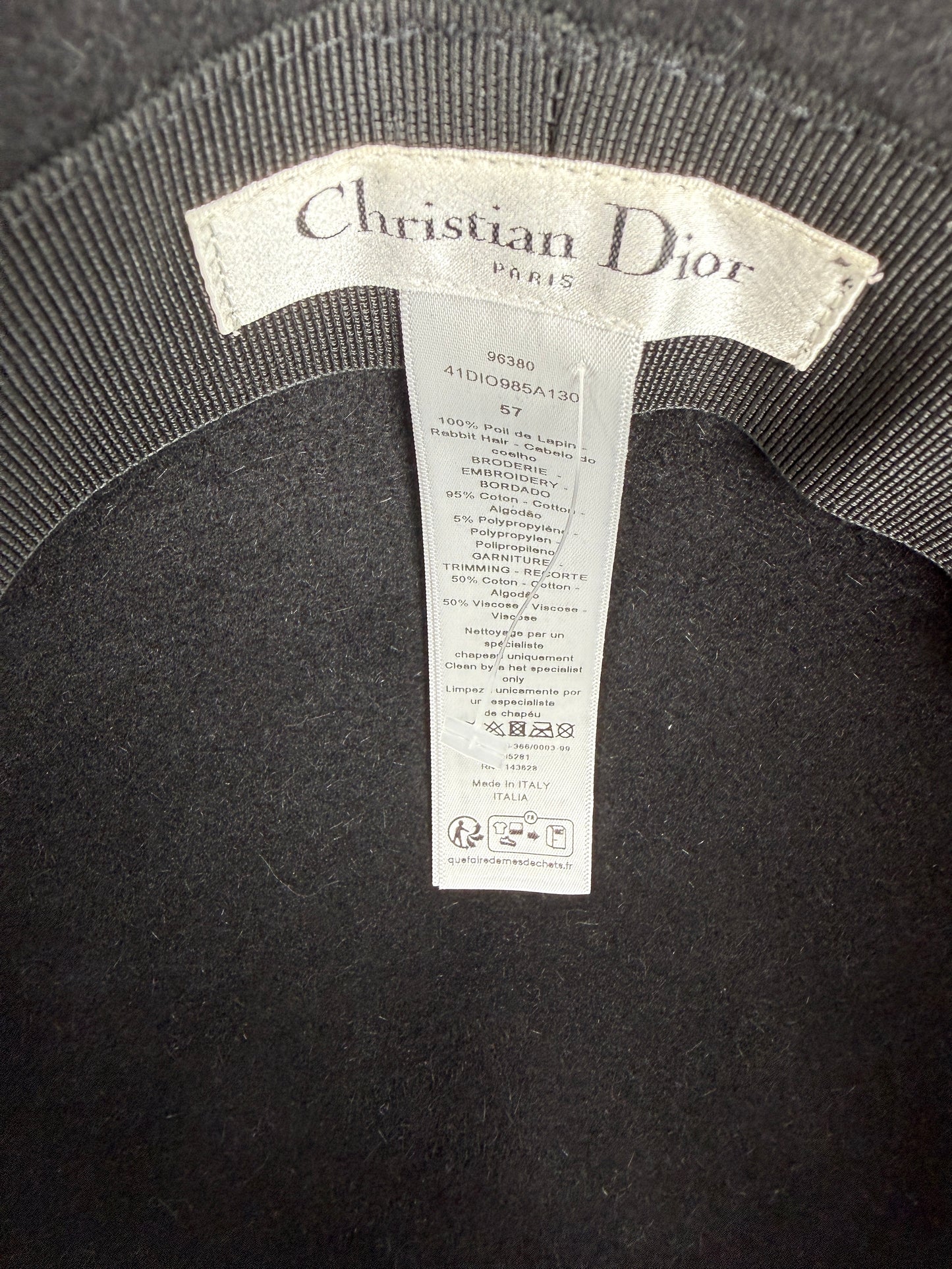 Christian Dior D-Tulipe Small Brim Cloche Black Rabbit Felt Hat 57 New