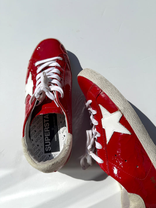GOLDEN GOOSE Superstar Red Patent Ostrich White Sneakers 38, 8