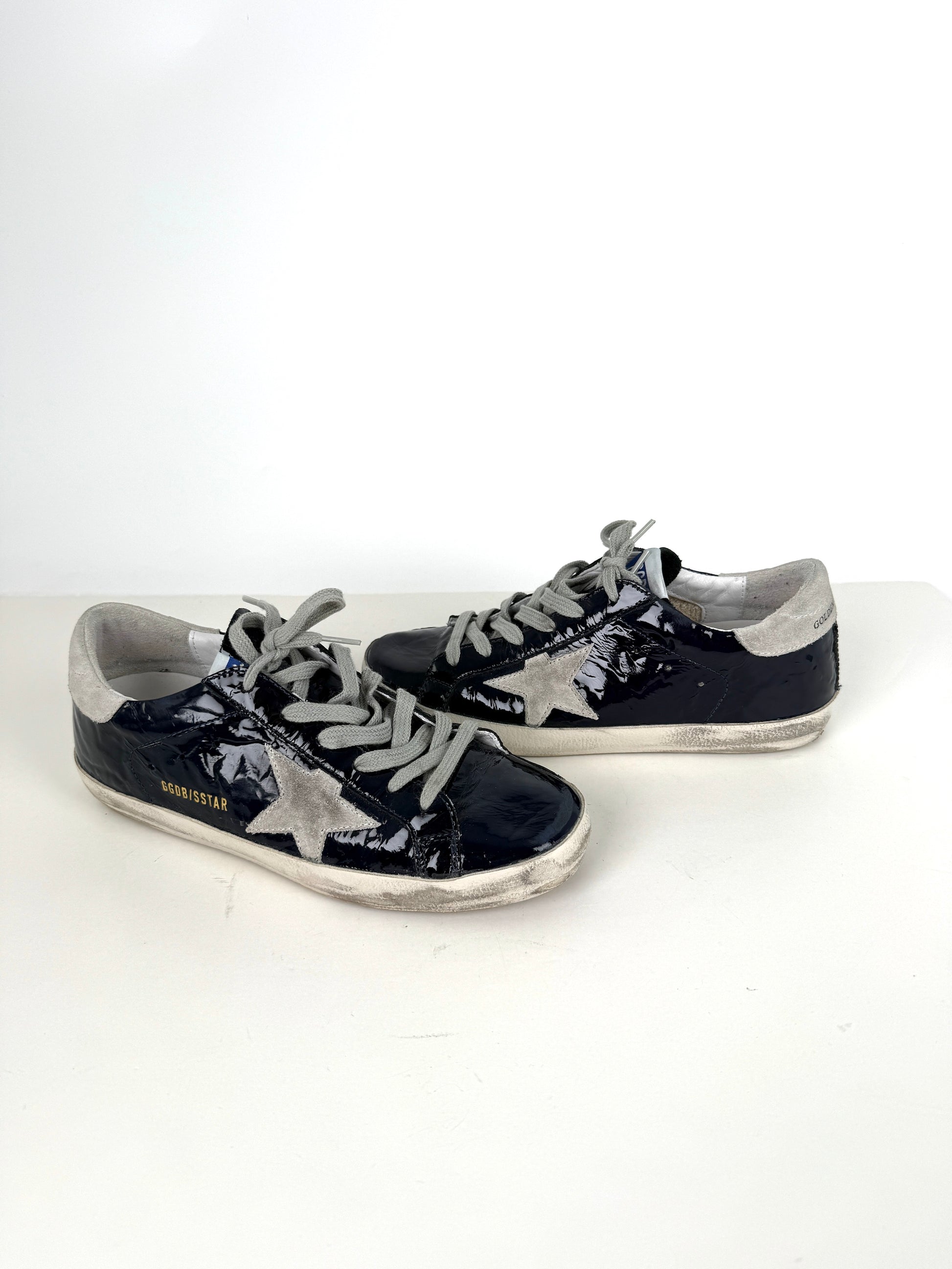GOLDEN GOOSE Superstar Navy Blue Patent Gray Sneakers 38, 8