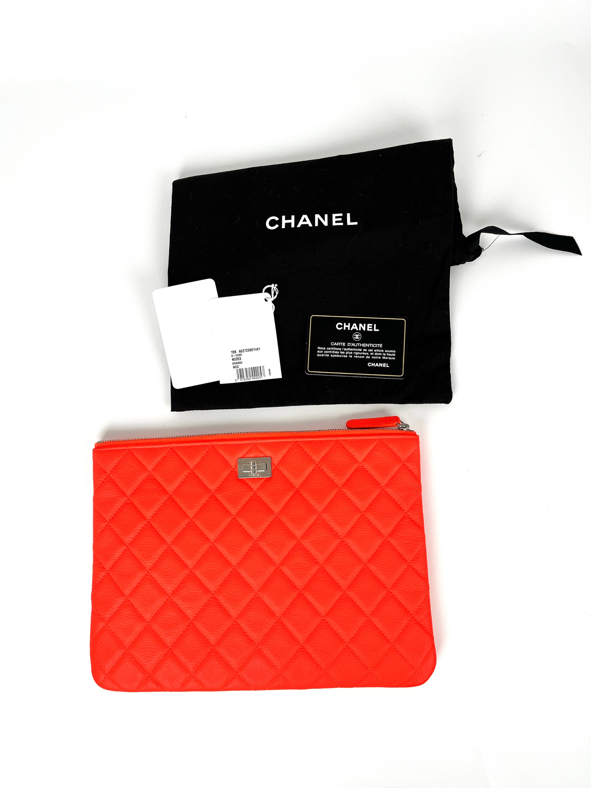 CHANEL Reissue 2.55 O Case 2019 Goatskin Medium Fluorescent Neon Orange Quilted Clutch Bag