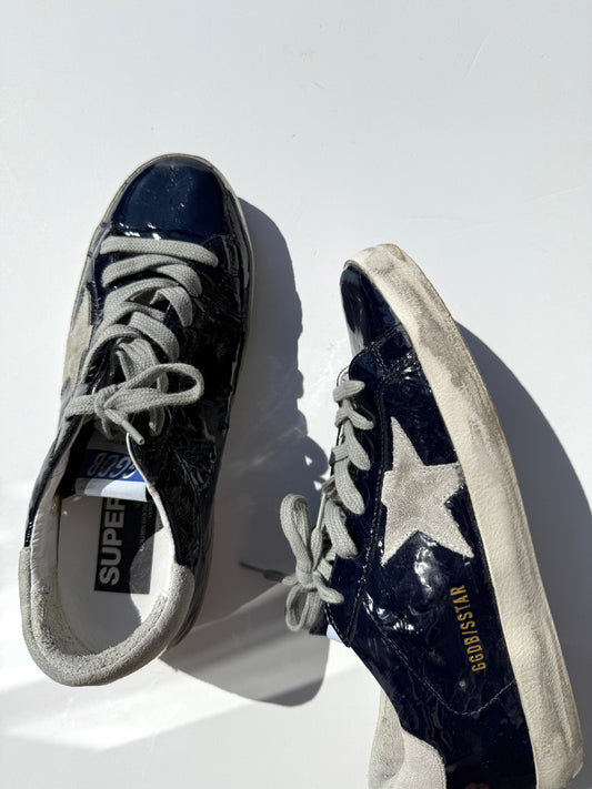 GOLDEN GOOSE Superstar Navy Blue Patent Gray Sneakers 38, 8