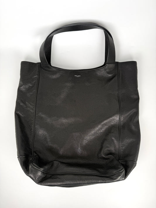 Saint Laurent Maxi North South Vertical Hobo Black Grained Leather Tote Bag