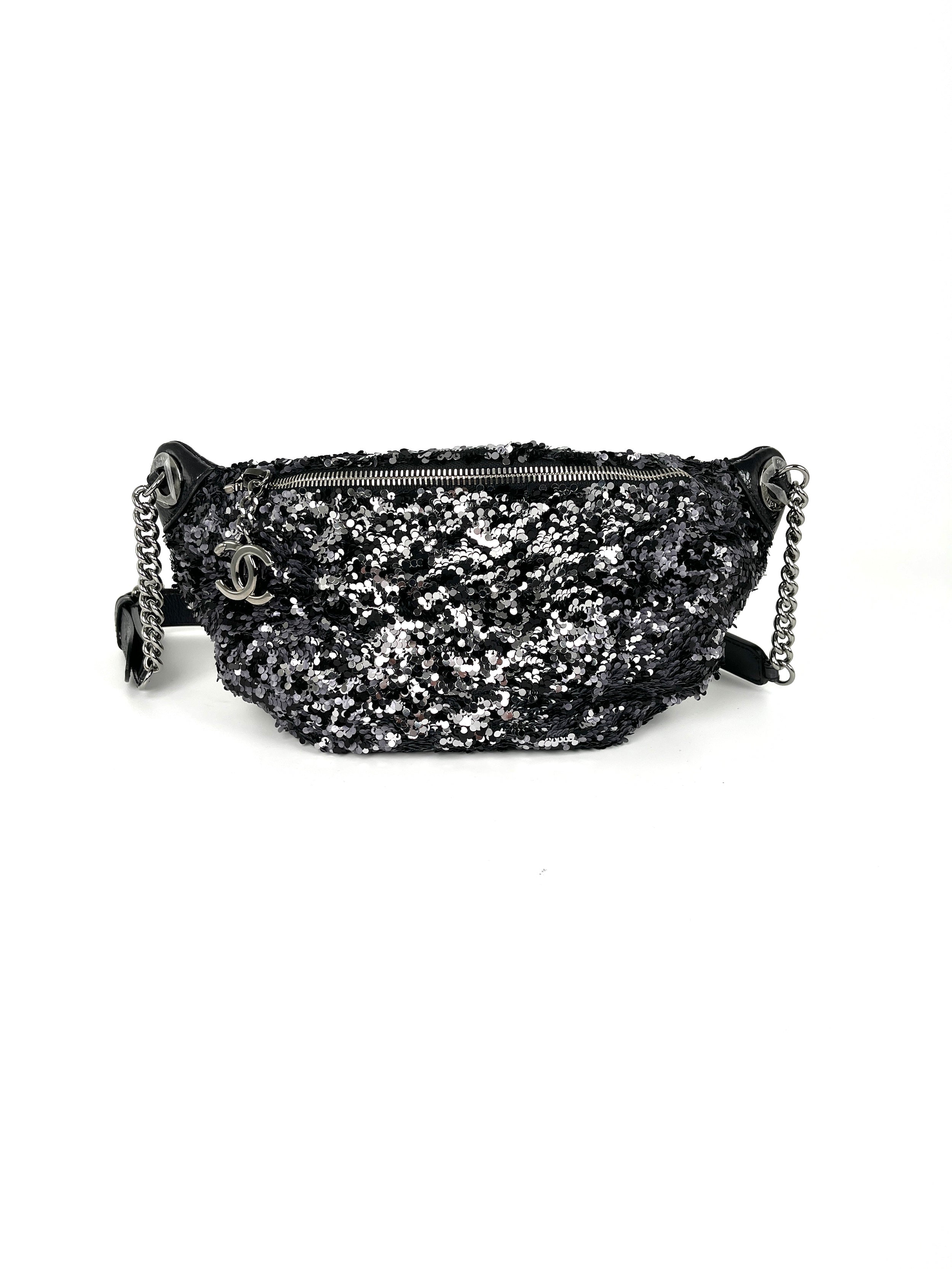 CHANEL Sequin Glazed Calfskin Black Silver 2018 Waist Fanny Bum Bag