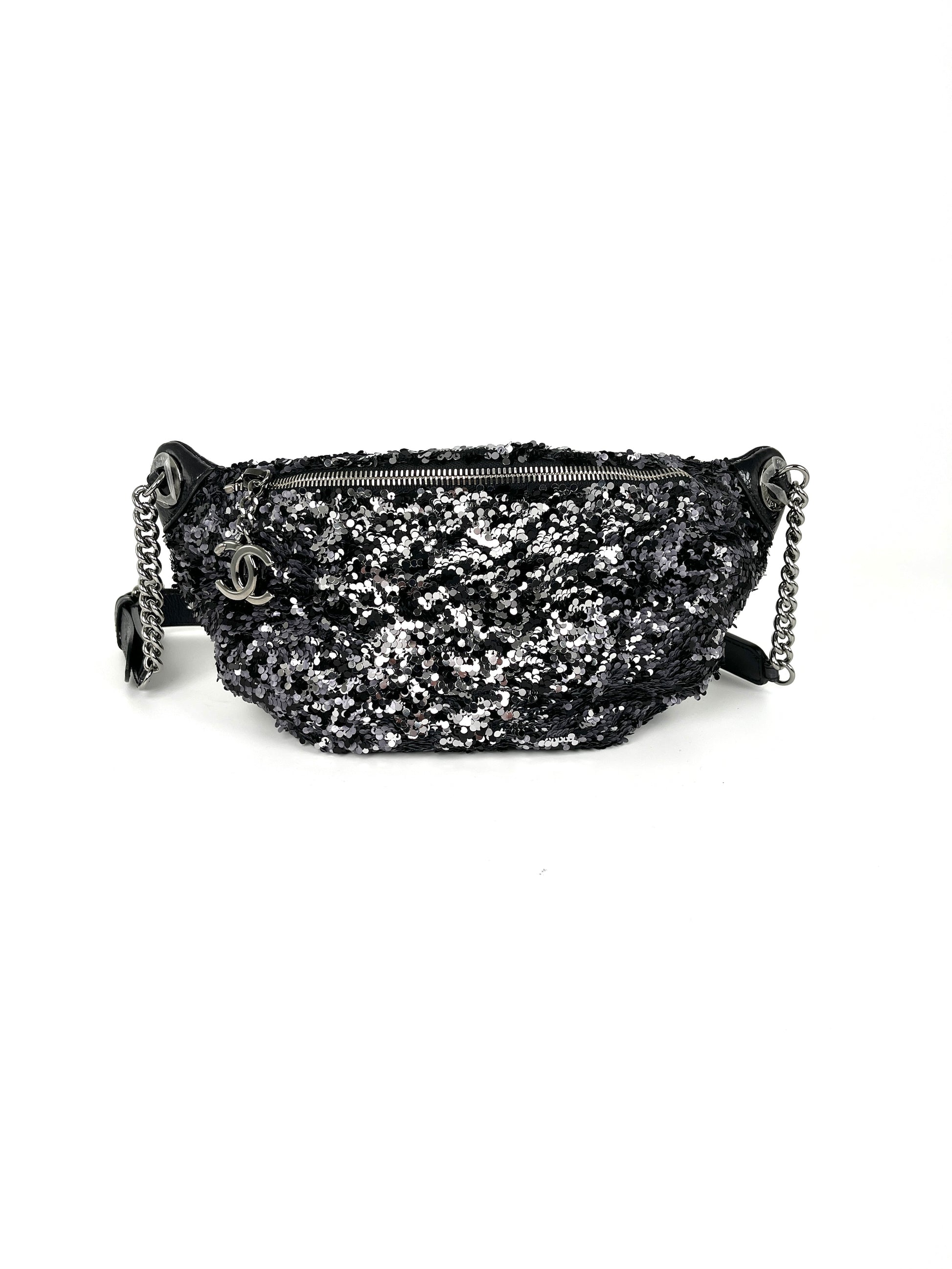 CHANEL Sequin Glazed Calfskin Black Silver 2018 Waist Fanny Bum Bag 