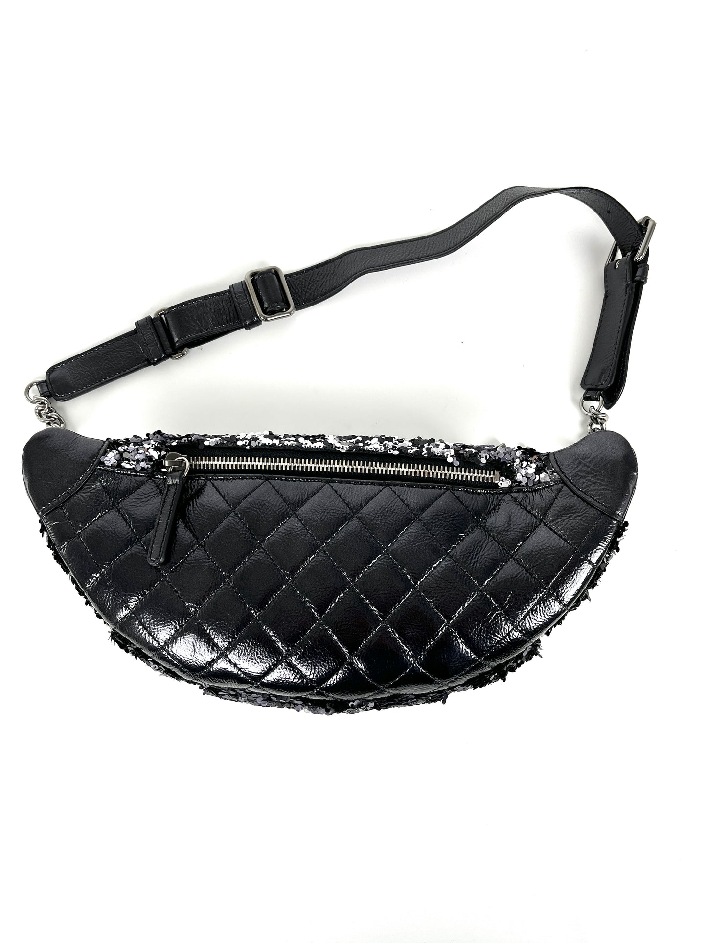 CHANEL Sequin Glazed Calfskin Black Silver 2018 Waist Fanny Bum Bag 