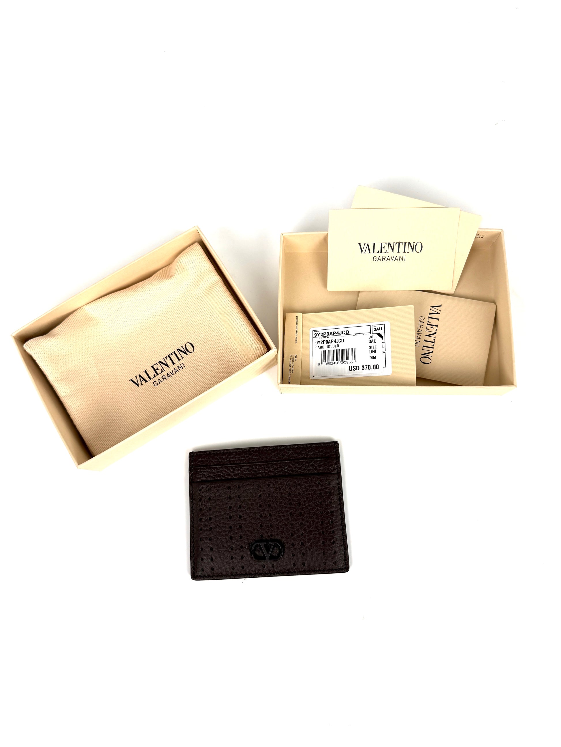 Valentino Garavani VLogo Dark Brown Perforated Leather Card Case New