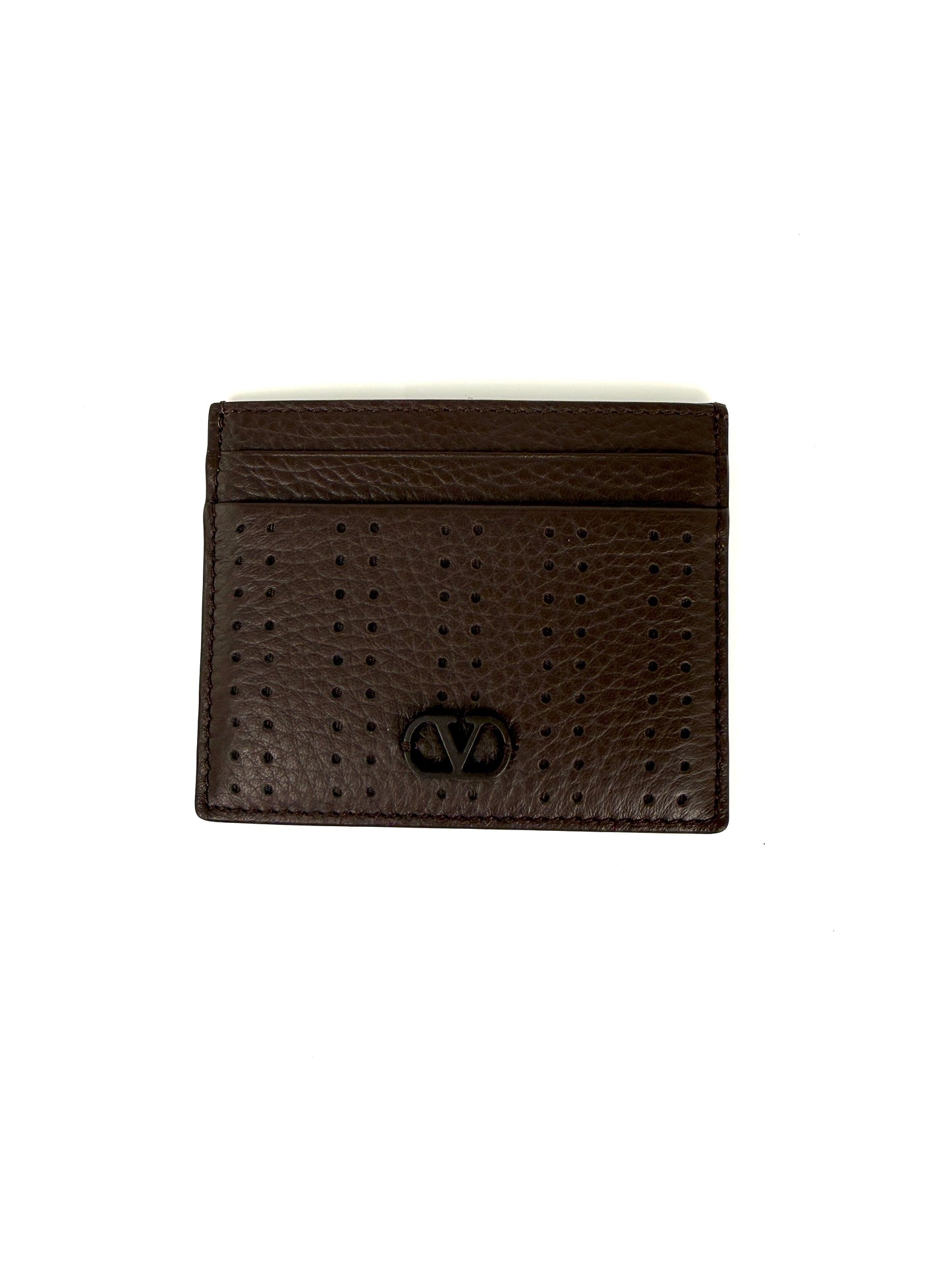 Valentino Garavani VLogo Dark Brown Perforated Leather Card Case New