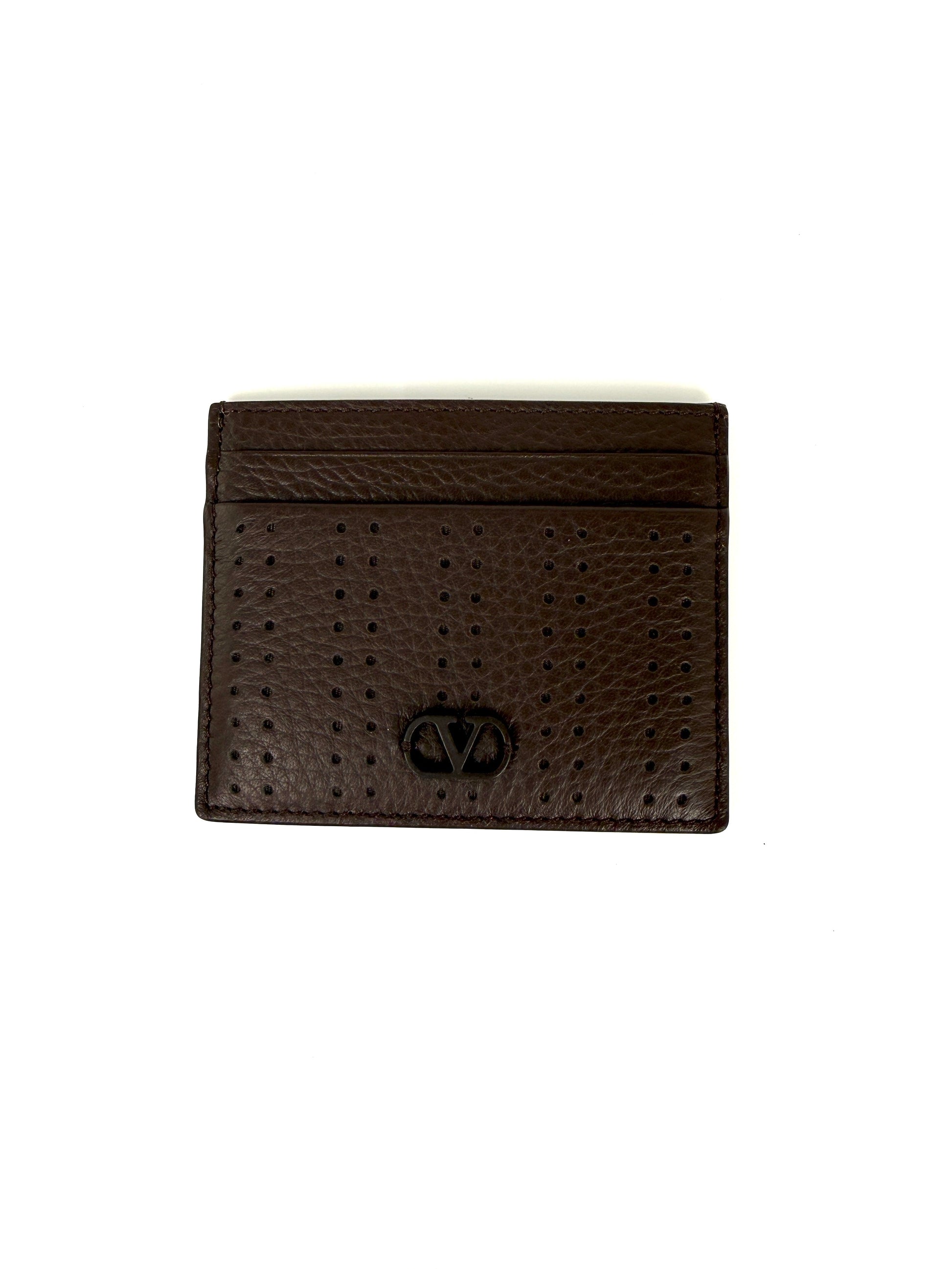 Valentino Garavani VLogo Dark Brown Perforated Leather Card Case New