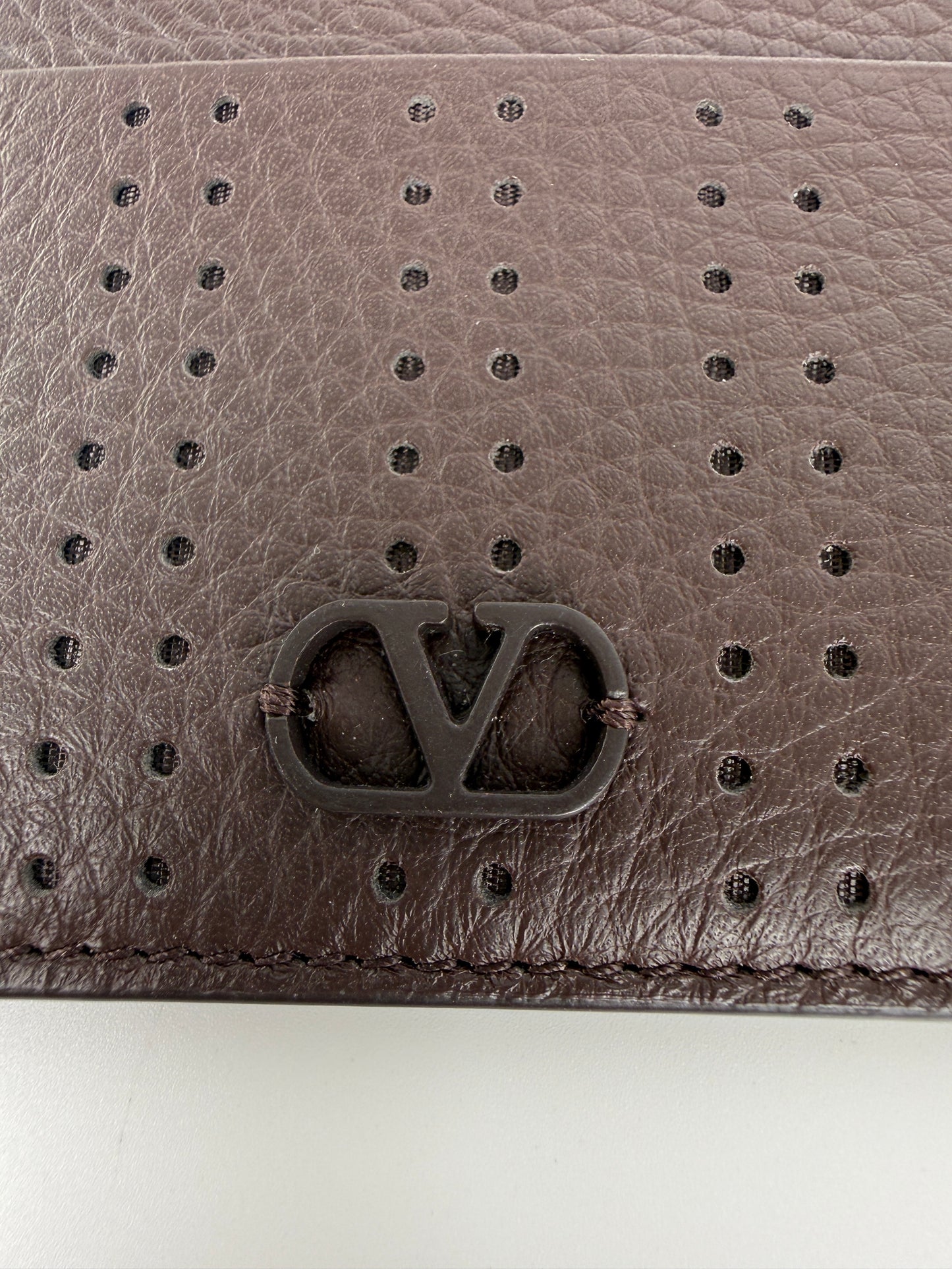 Valentino Garavani VLogo Dark Brown Perforated Leather Card Case New