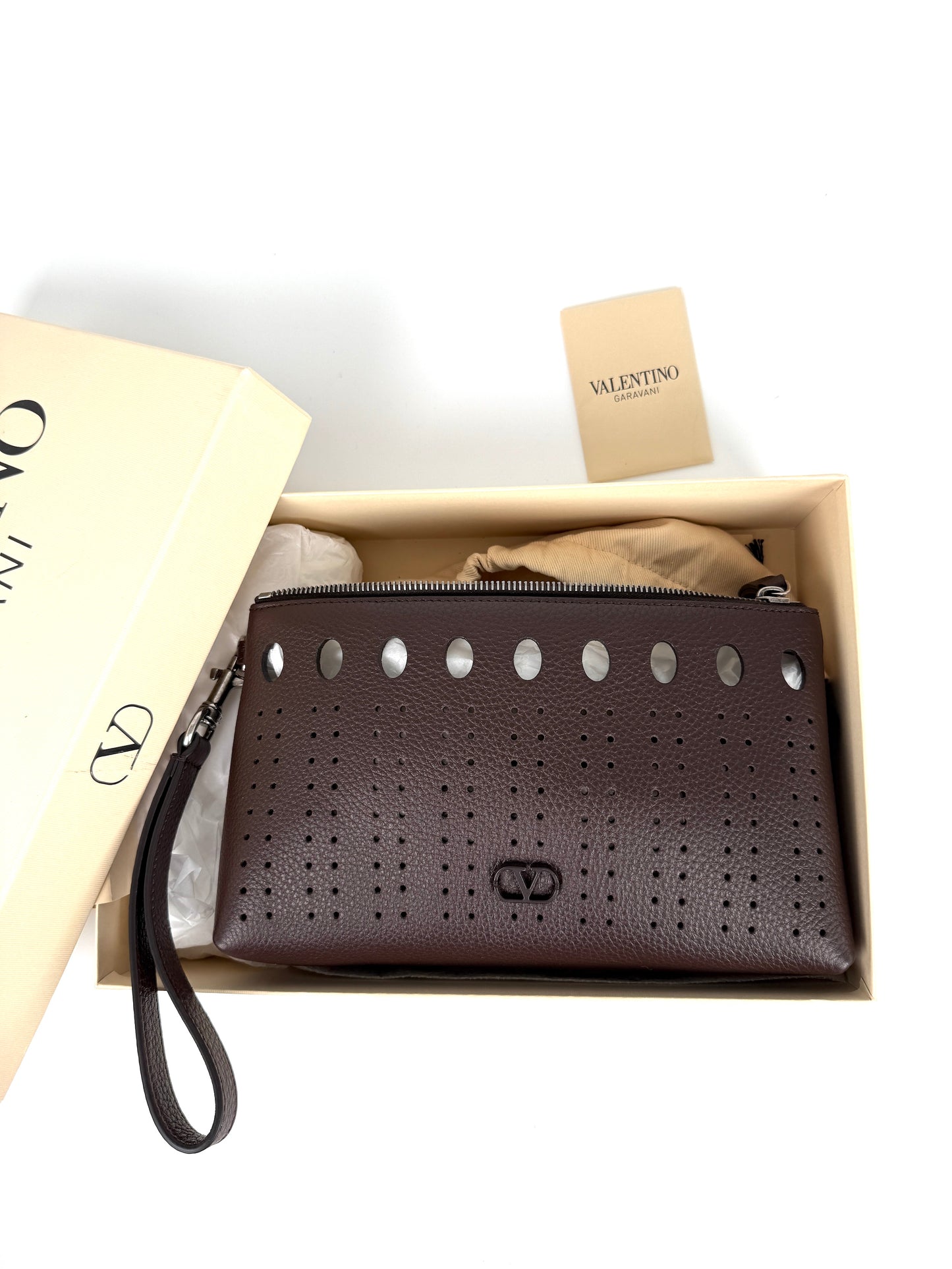 Valentino Garavani VLogo Dark Brown Perforated Leather Zip Pouch Wristlet Clutch Bag New