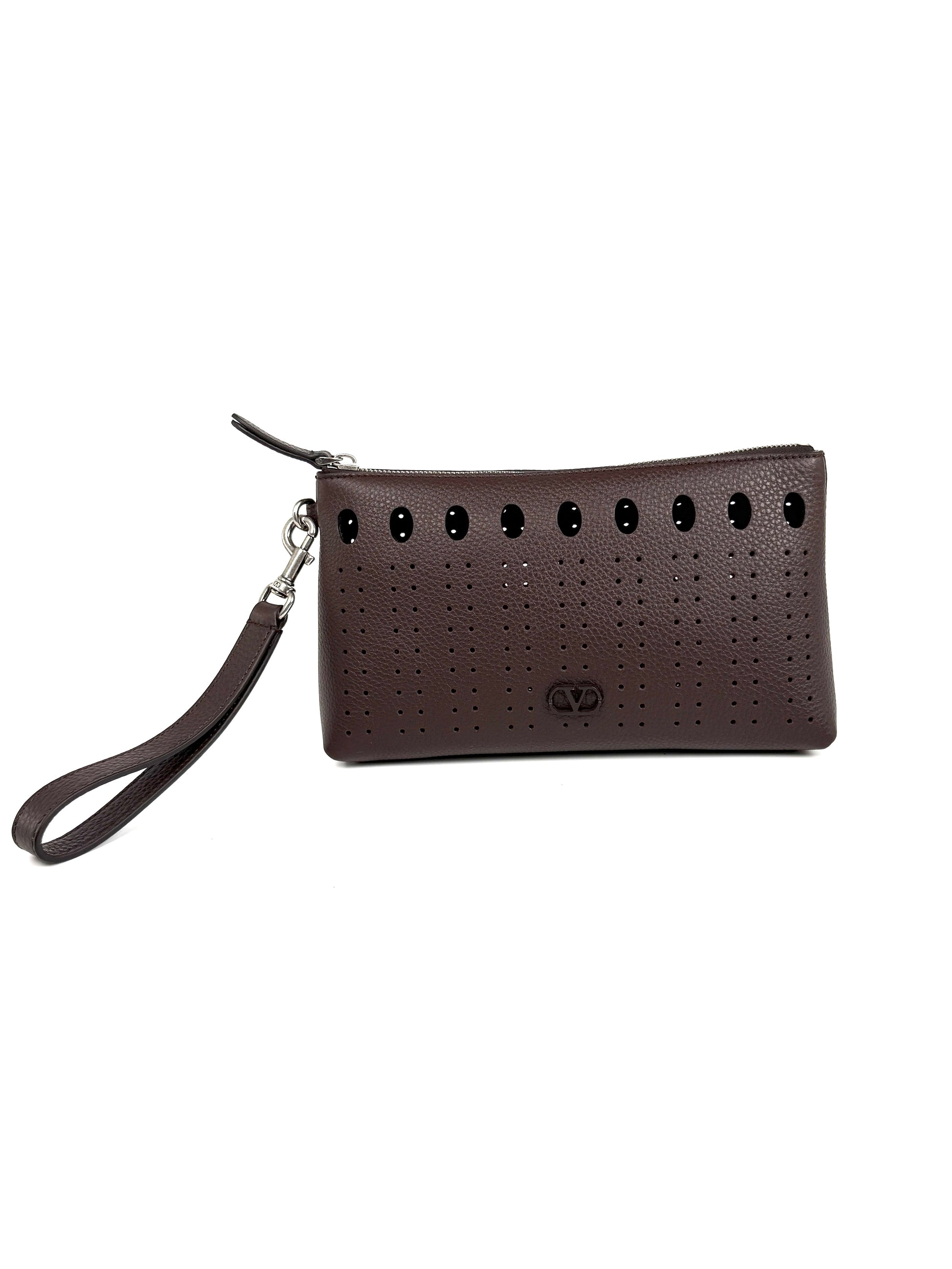 Valentino Garavani VLogo Dark Brown Perforated Leather Zip Pouch Wristlet Clutch Bag New