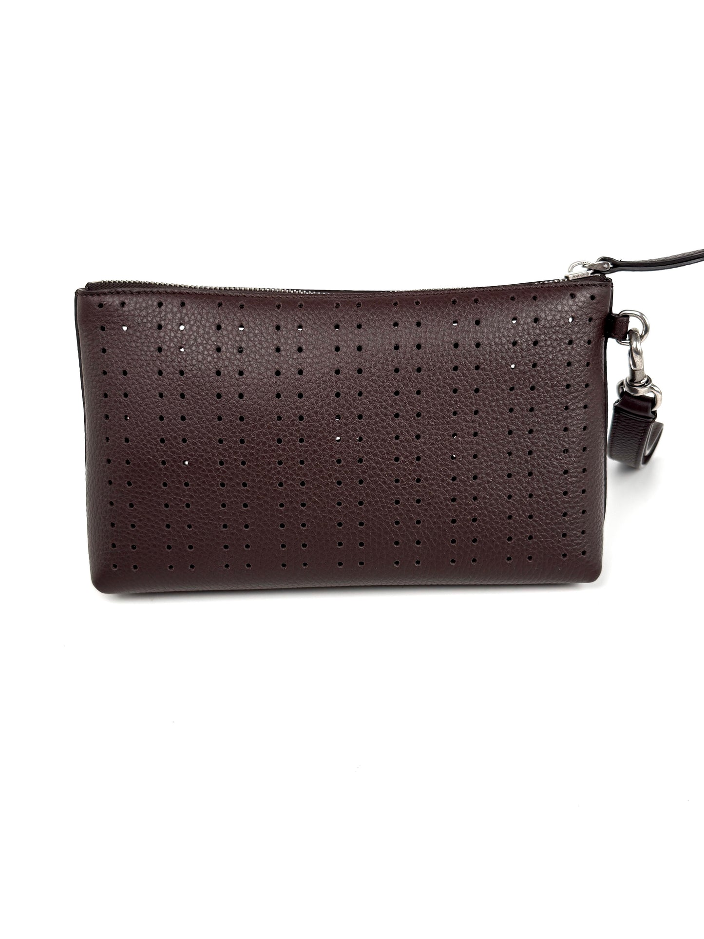 Valentino Garavani VLogo Dark Brown Perforated Leather Zip Pouch Wristlet Clutch Bag New