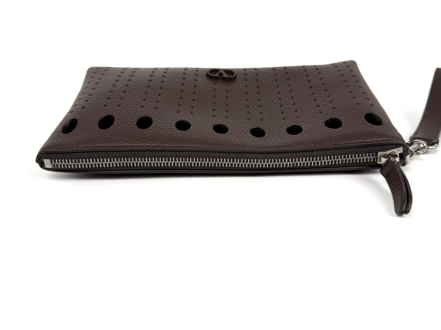Valentino Garavani VLogo Dark Brown Perforated Leather Zip Pouch Wristlet Clutch Bag New