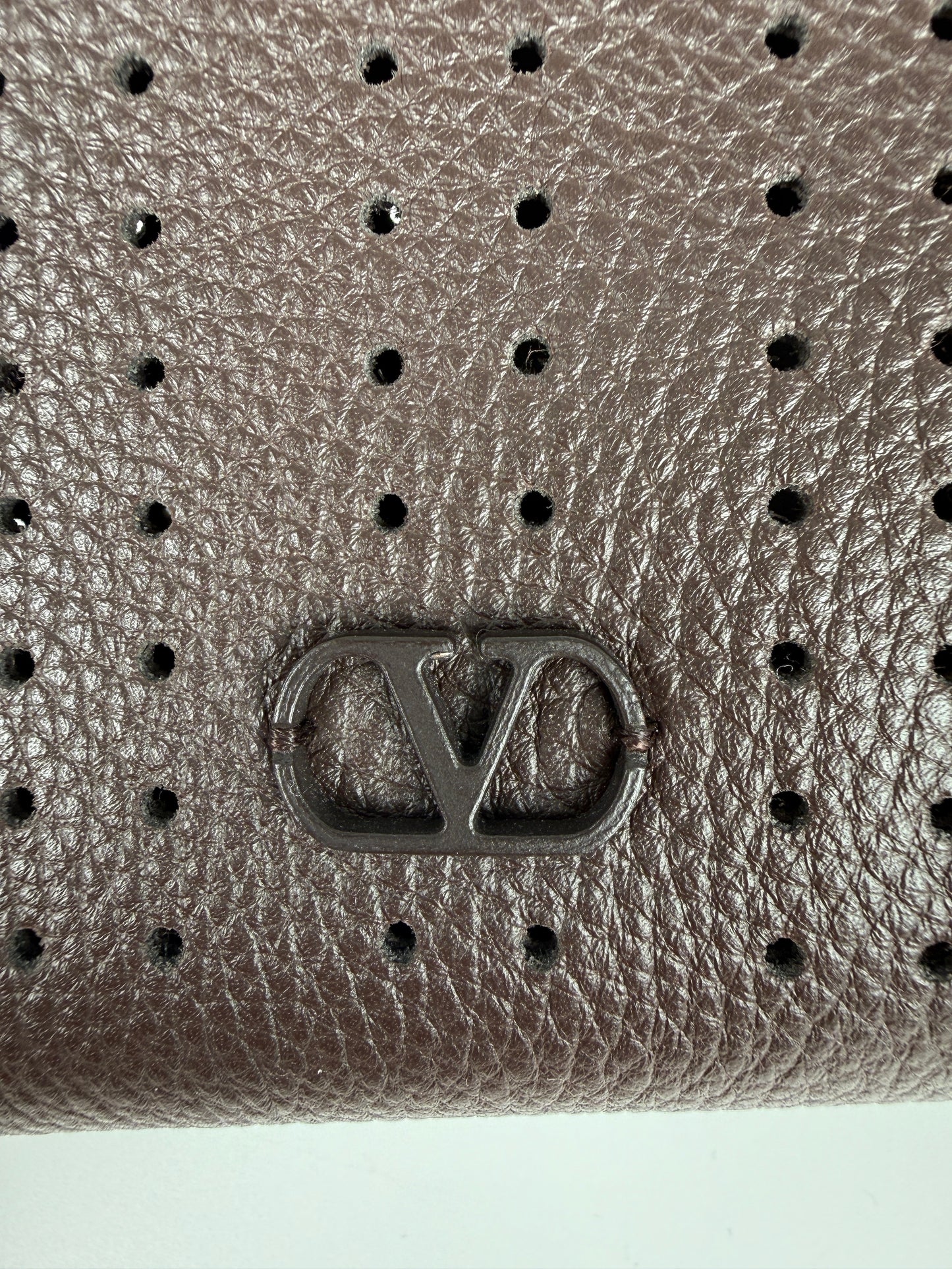 Valentino Garavani VLogo Dark Brown Perforated Leather Zip Pouch Wristlet Clutch Bag New