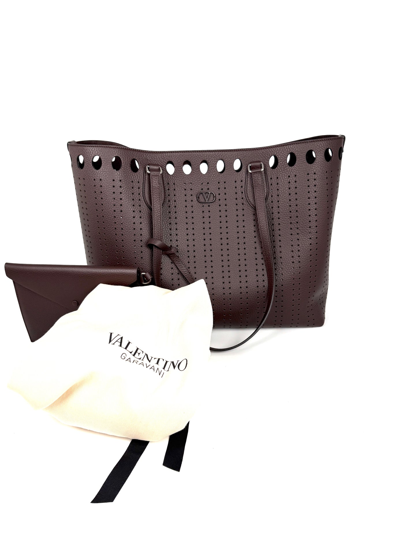 Valentino Garavani Dottie Shopping Perforated VLogo Dark Brown Leather Tote Bag New
