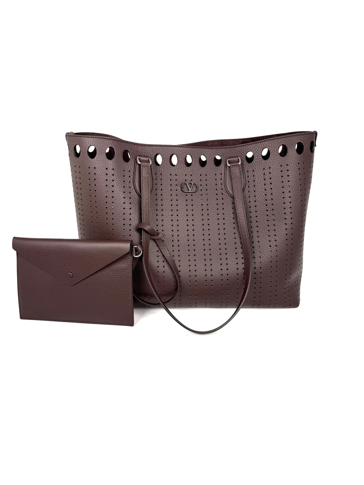 Valentino Garavani Dottie Shopping Perforated VLogo Dark Brown Leather Tote Bag New