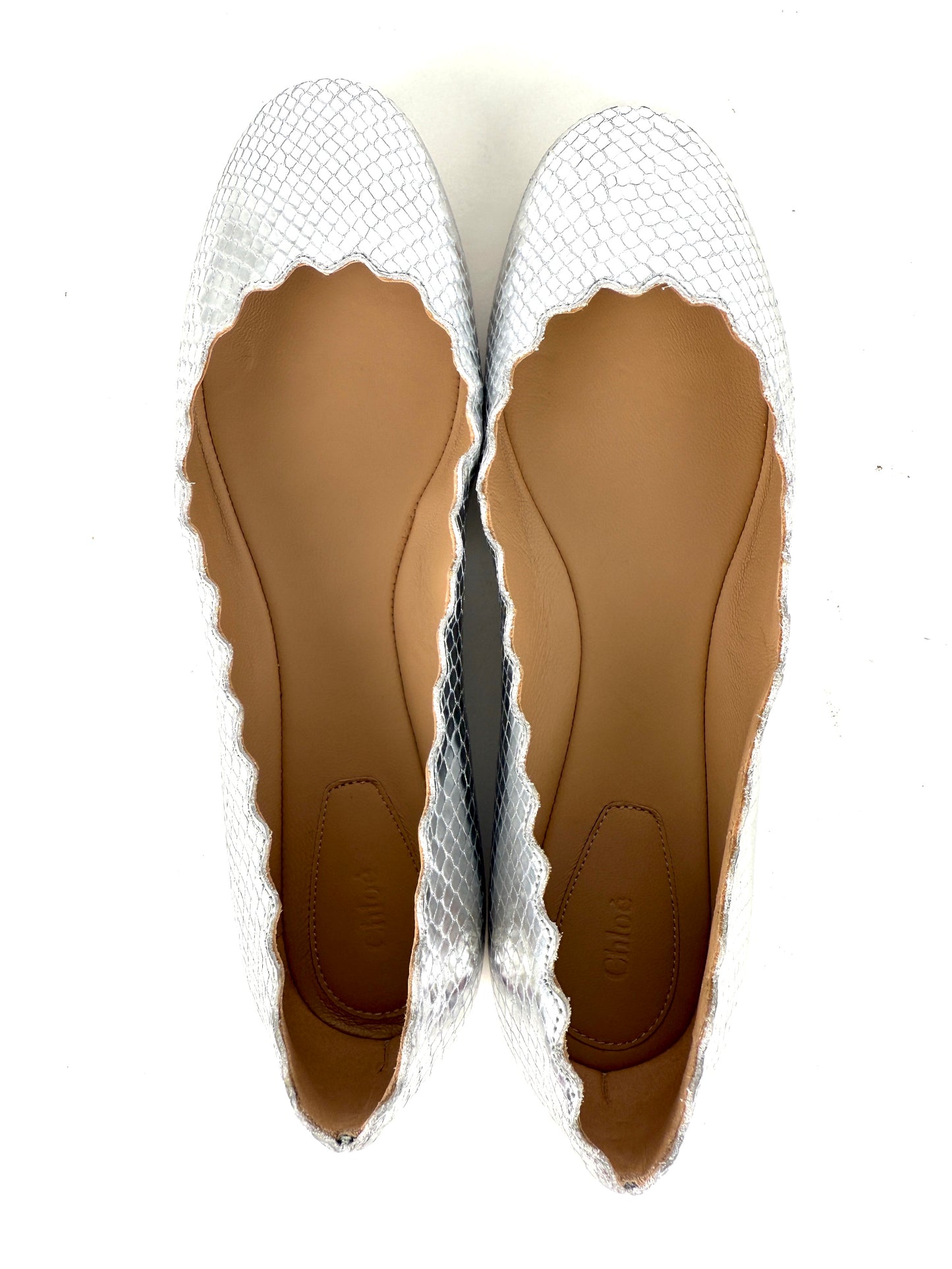 CHLOE Lauren Scalloped Ballet Silver Leather Flat Shoes 38, 7.5