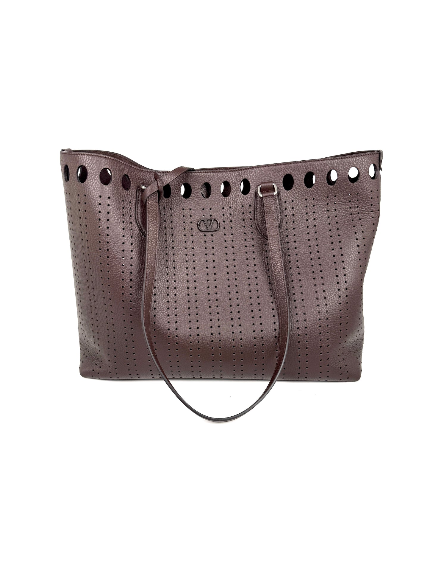 Valentino Garavani Dottie Shopping Perforated VLogo Dark Brown Leather Tote Bag New