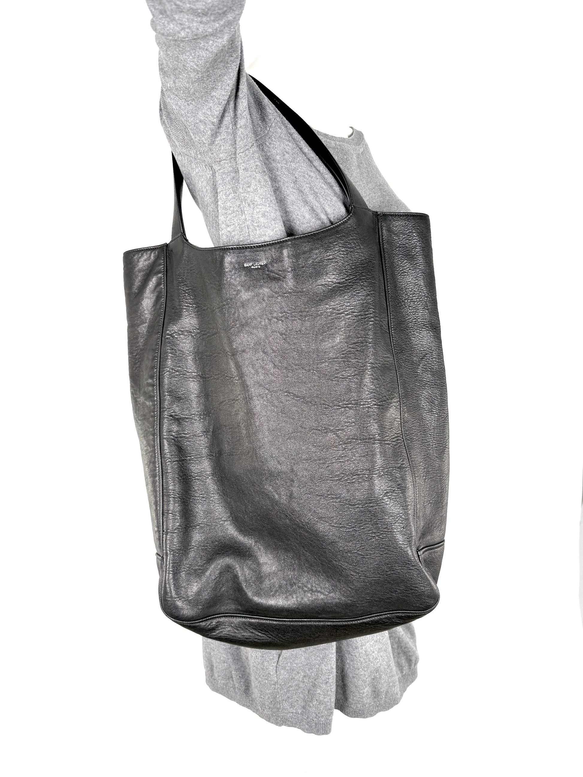 Saint Laurent Maxi North South Vertical Hobo Black Grained Leather Tote Bag