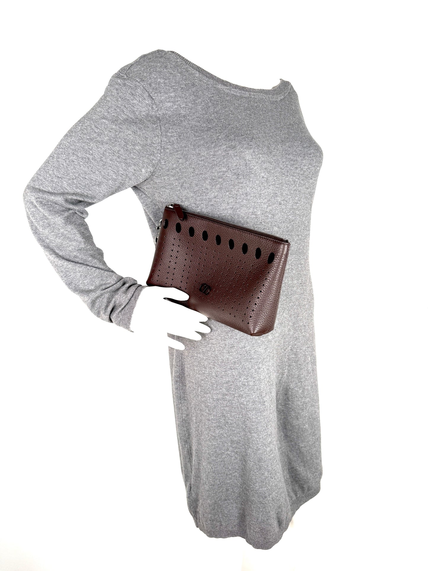 Valentino Garavani VLogo Dark Brown Perforated Leather Zip Pouch Wristlet Clutch Bag New