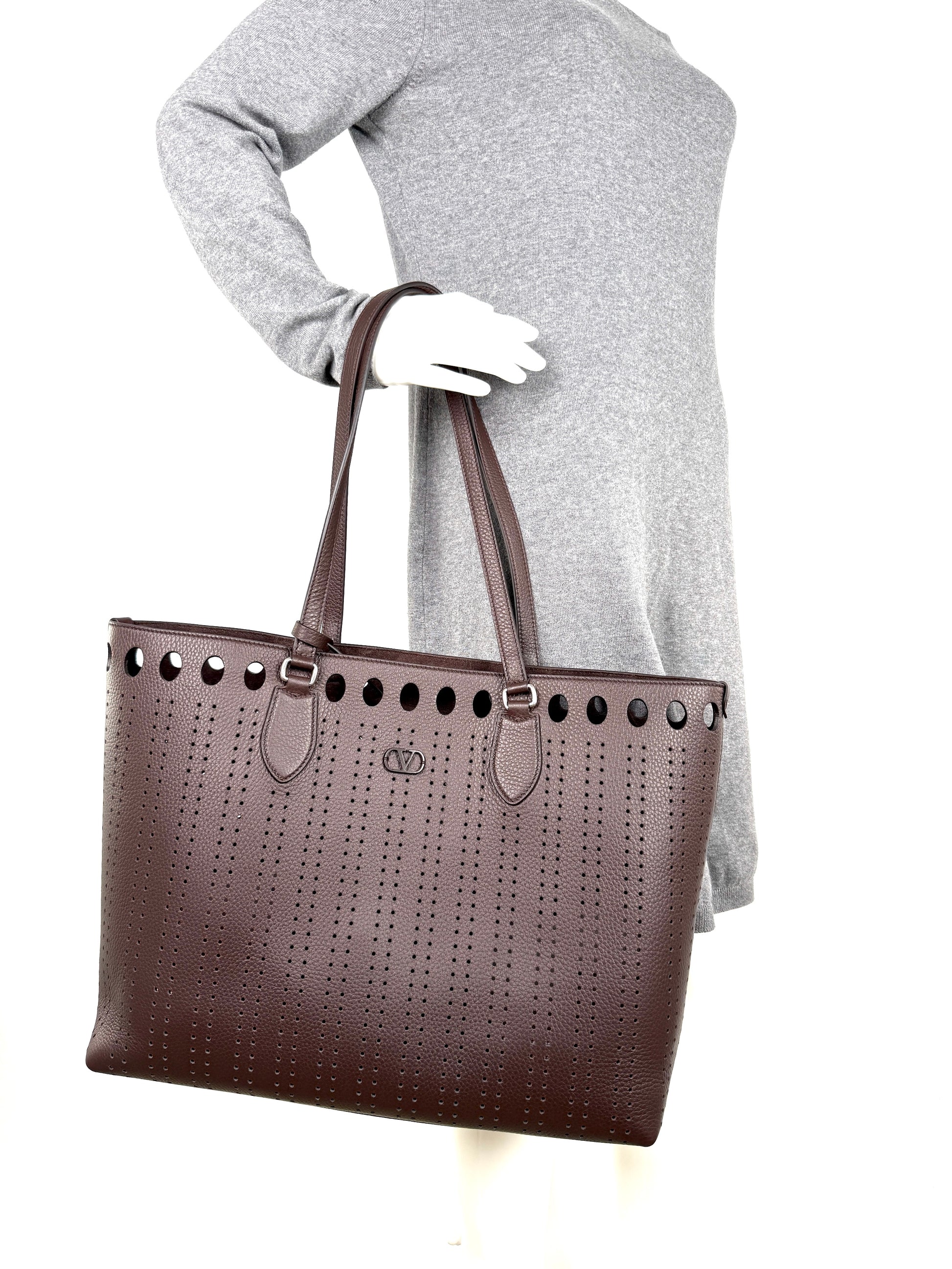 Valentino Garavani Dottie Shopping Perforated VLogo Dark Brown Leather Tote Bag New