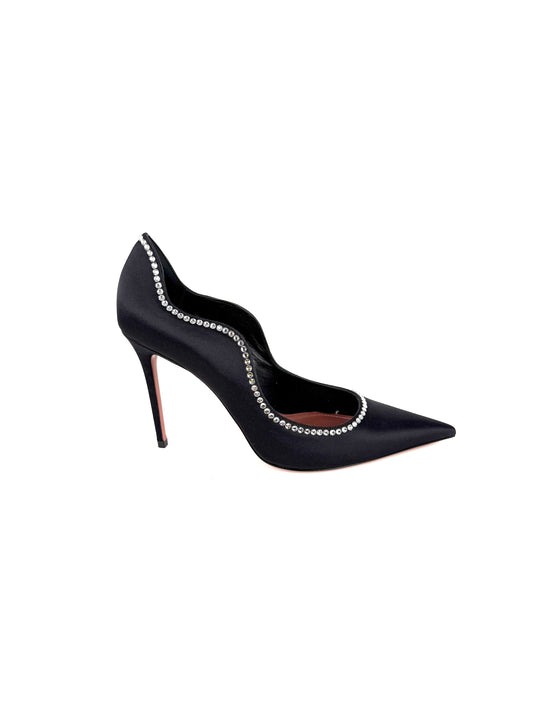 Amina Muaddi Romy Raso Crystal Black Satin Pumps 38, 7.5