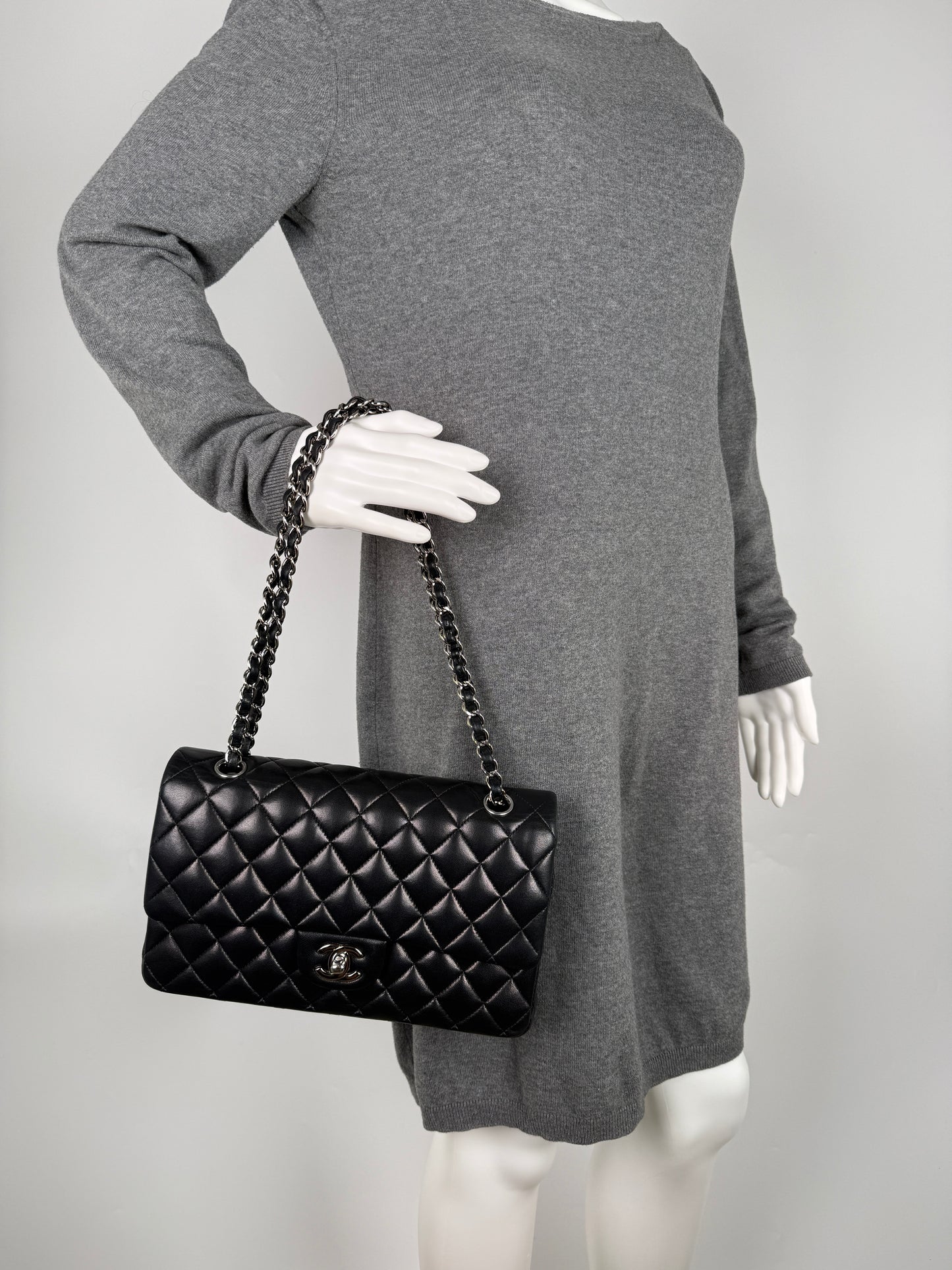 CHANEL Classic Medium Double Flap Black Quilted Leather Silver Hardware Flap Bag