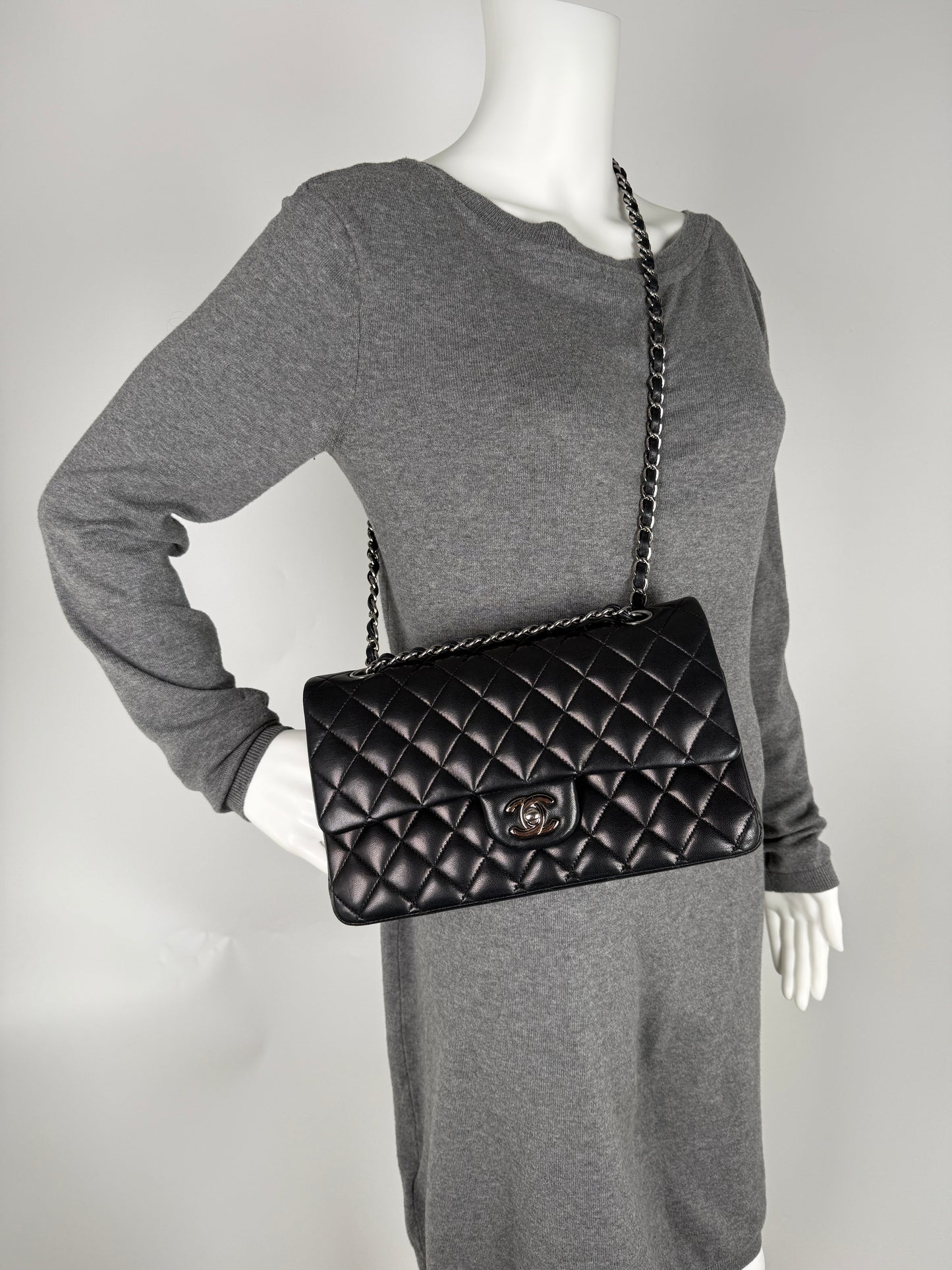 CHANEL Classic Medium Double Flap Black Quilted Leather Silver Hardware Flap Bag