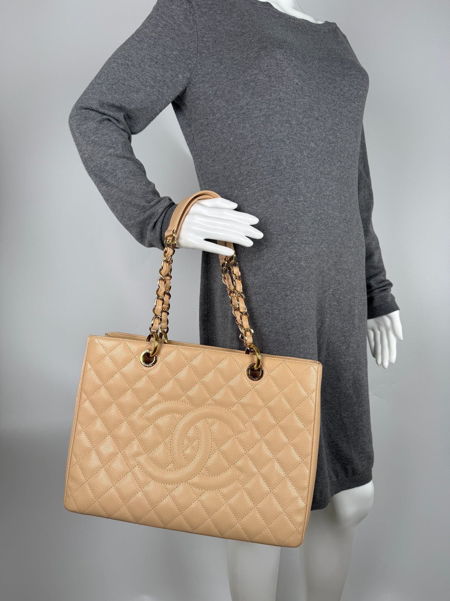 CHANEL GST Beige Clair Quilted Caviar Leather Grand Shopping Tote Bag