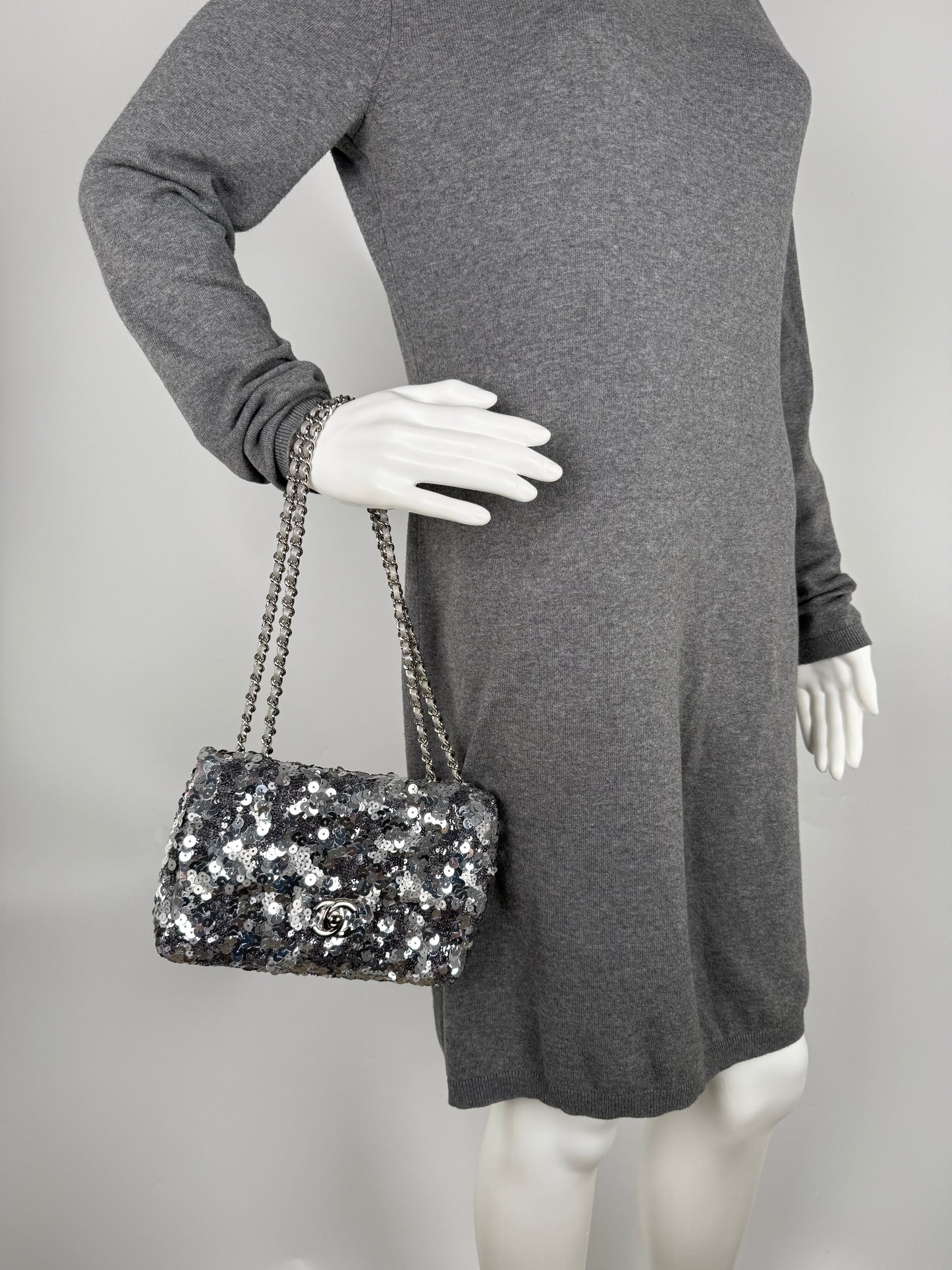 CHANEL Classic Rectangular Mini Sequin Silver Single Flap Crossbody Bag