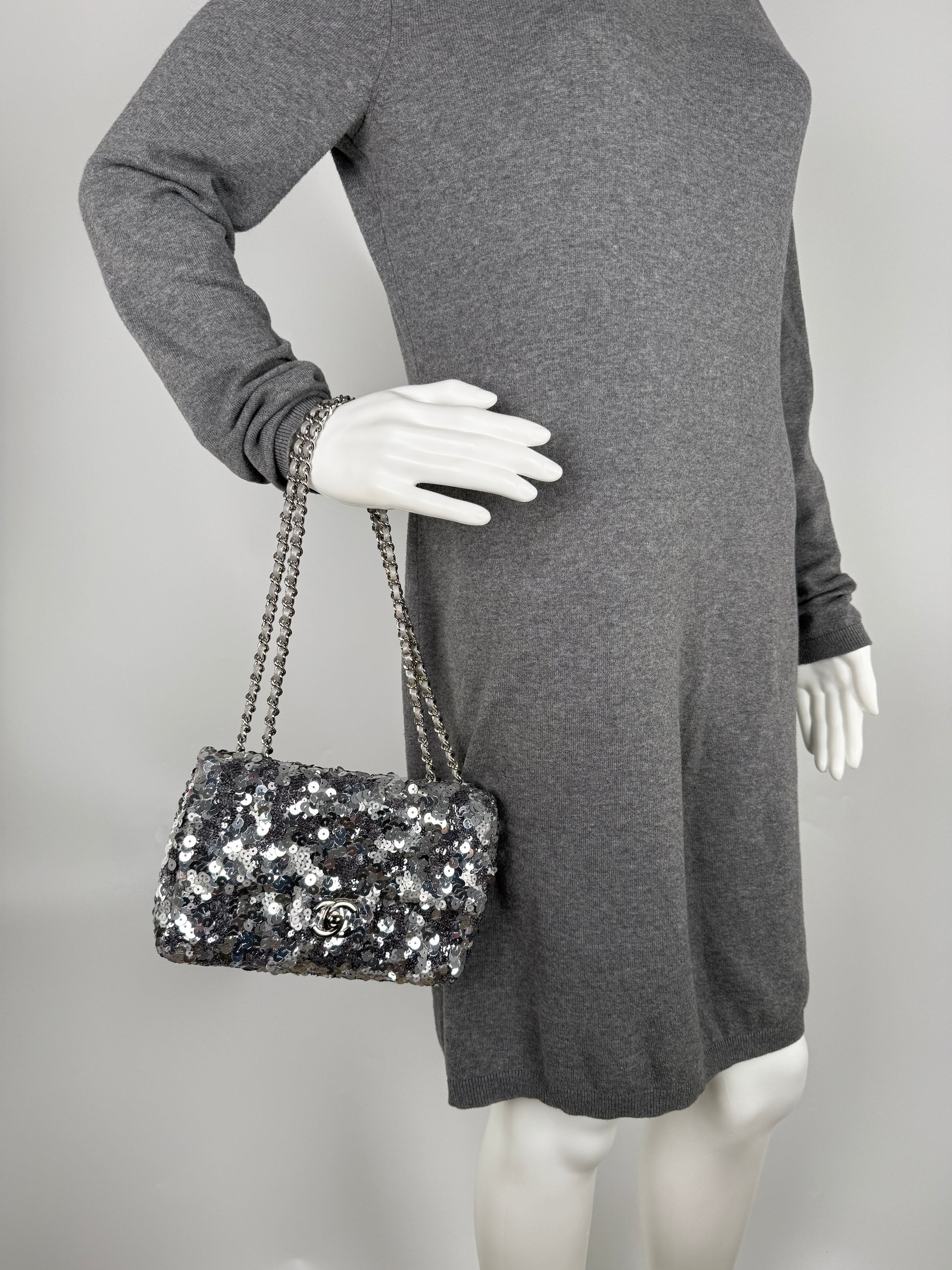 CHANEL Classic Rectangular Mini Sequin Silver Single Flap Crossbody Bag